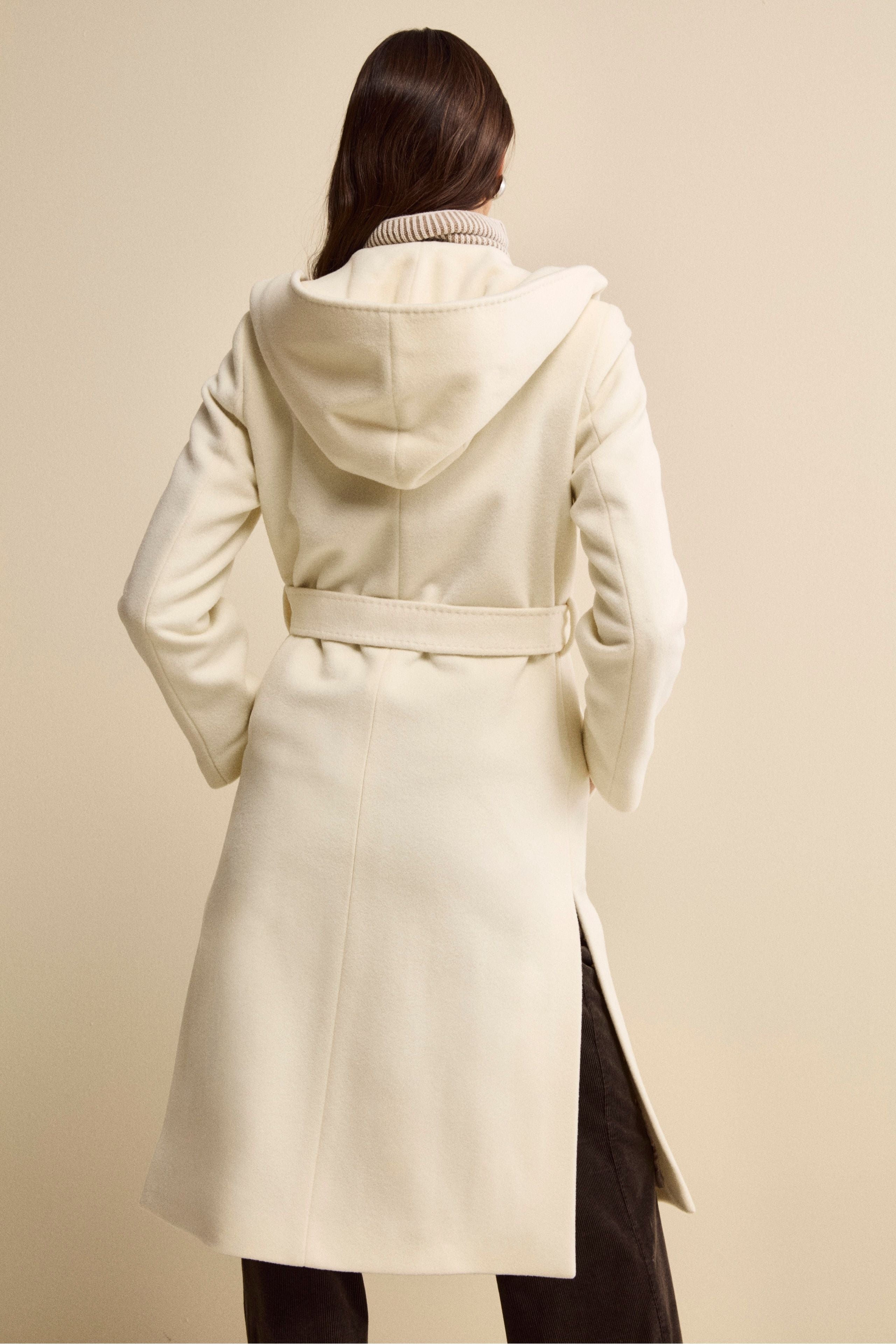 Long Coat in Wool and Cashmere with Hood - CREAM