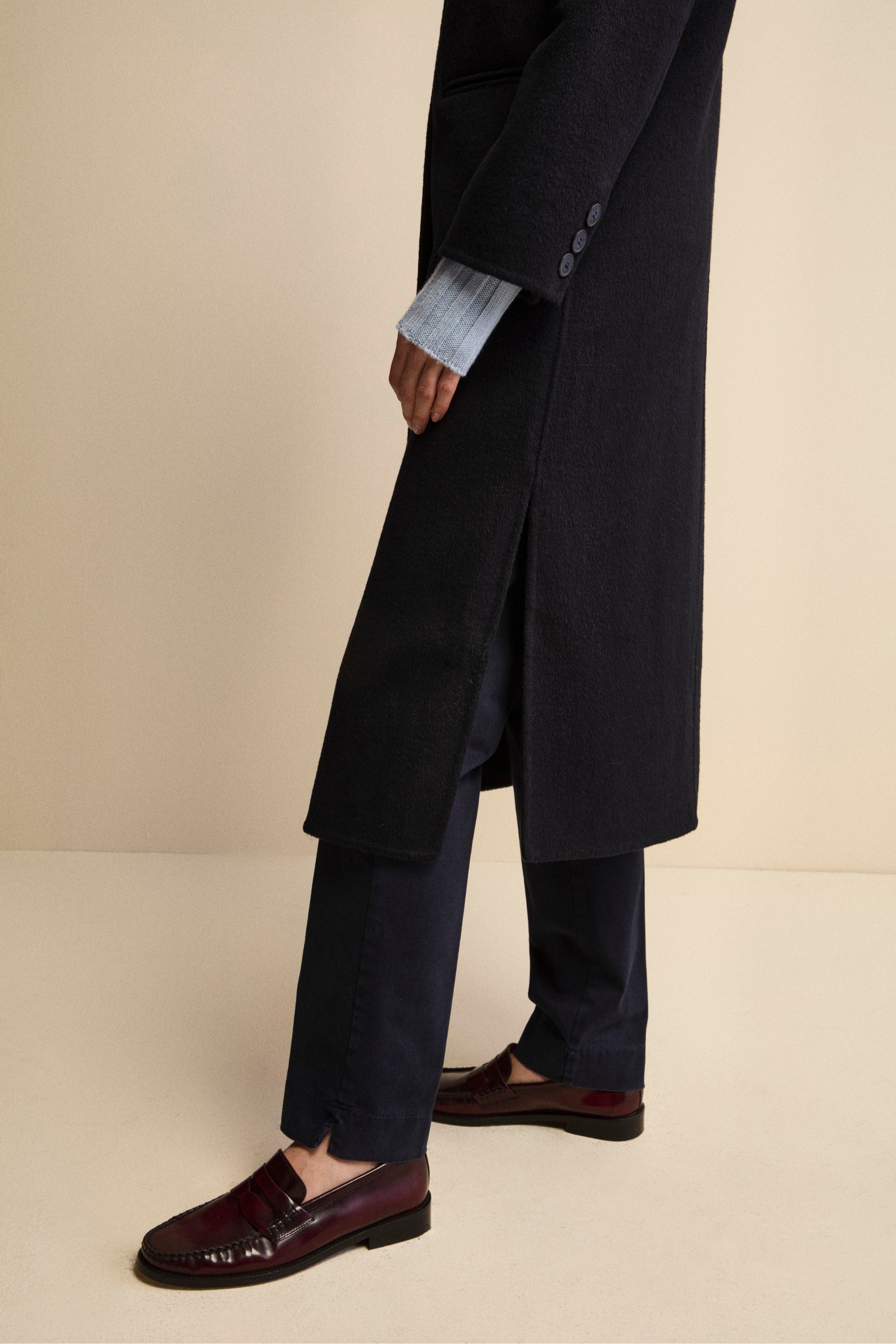 Long Wool-Blend Coat with Detachable Bib and Hood - BLUE