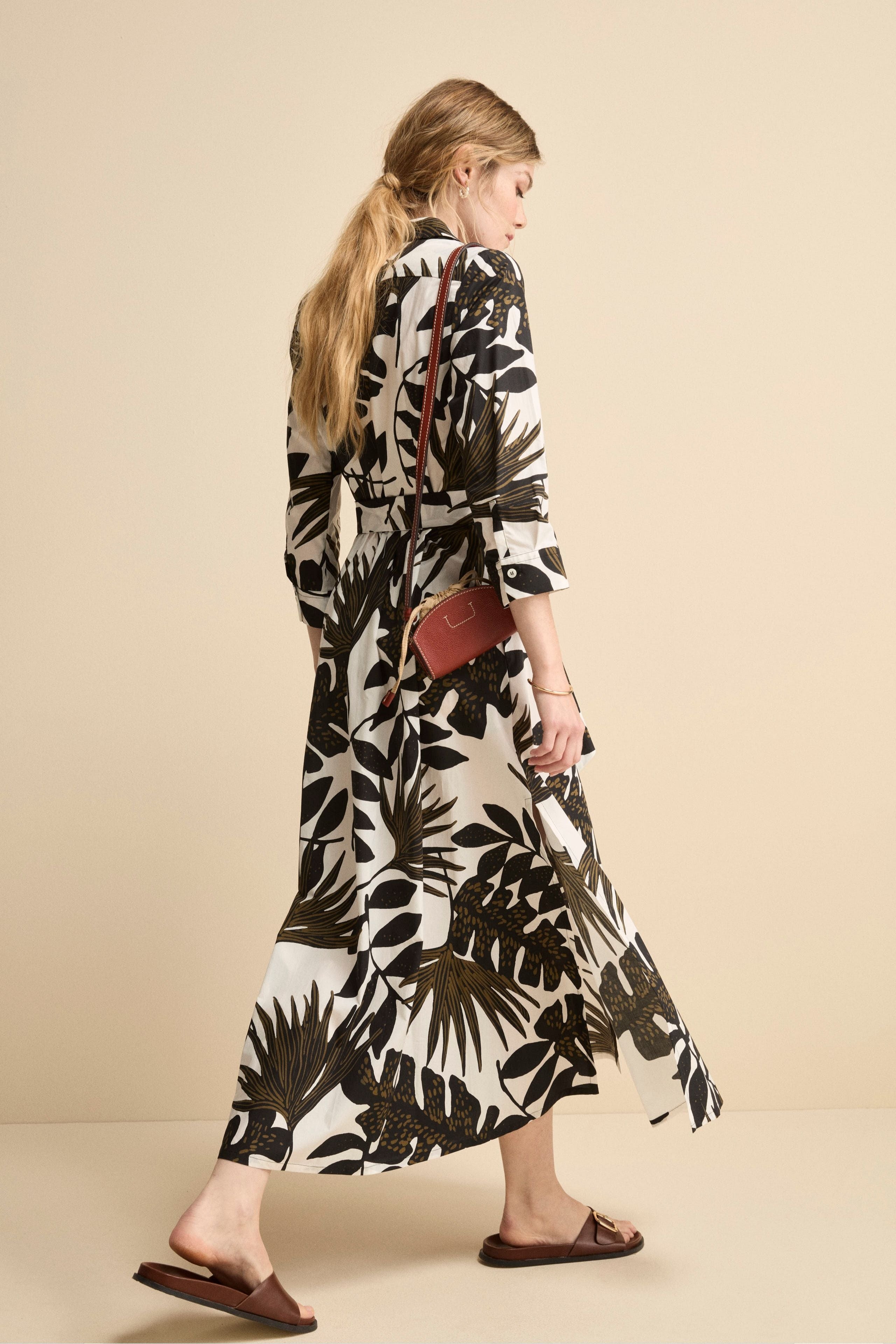 Abito Floreale in Popeline con Cintura - FANT. BIANCO/NERO