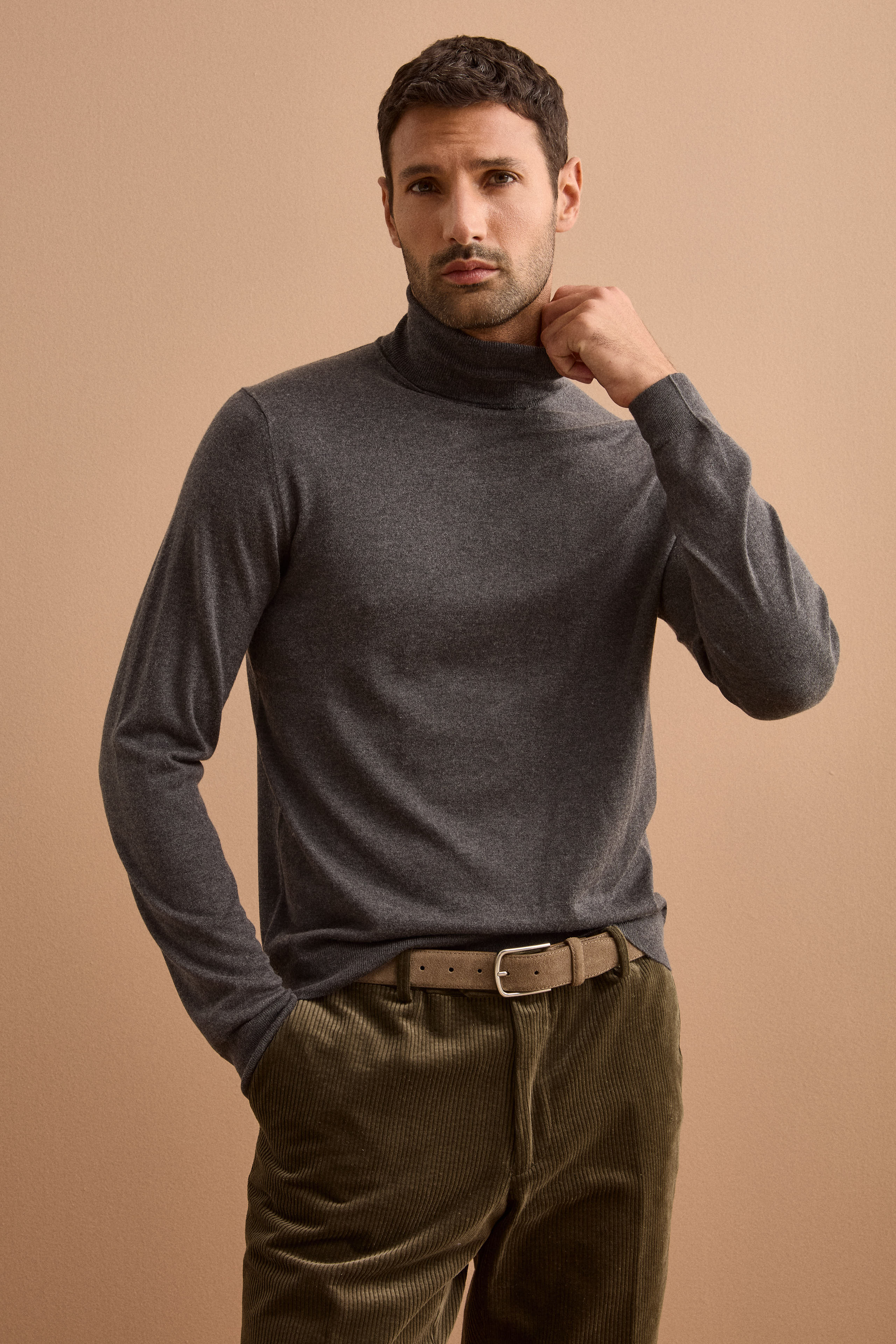 Pull à col roulé en soie et cachemire - Gris anthracite