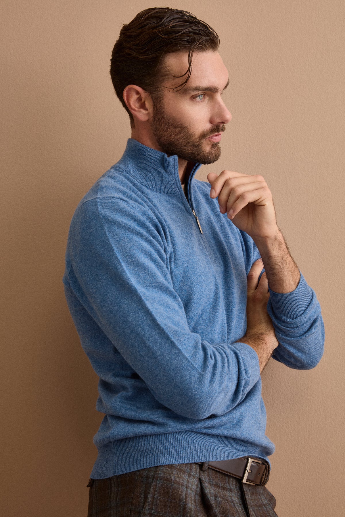 Rollkragenpullover mit Reißverschluss aus Wolle und Kaschmir - Blau meliert