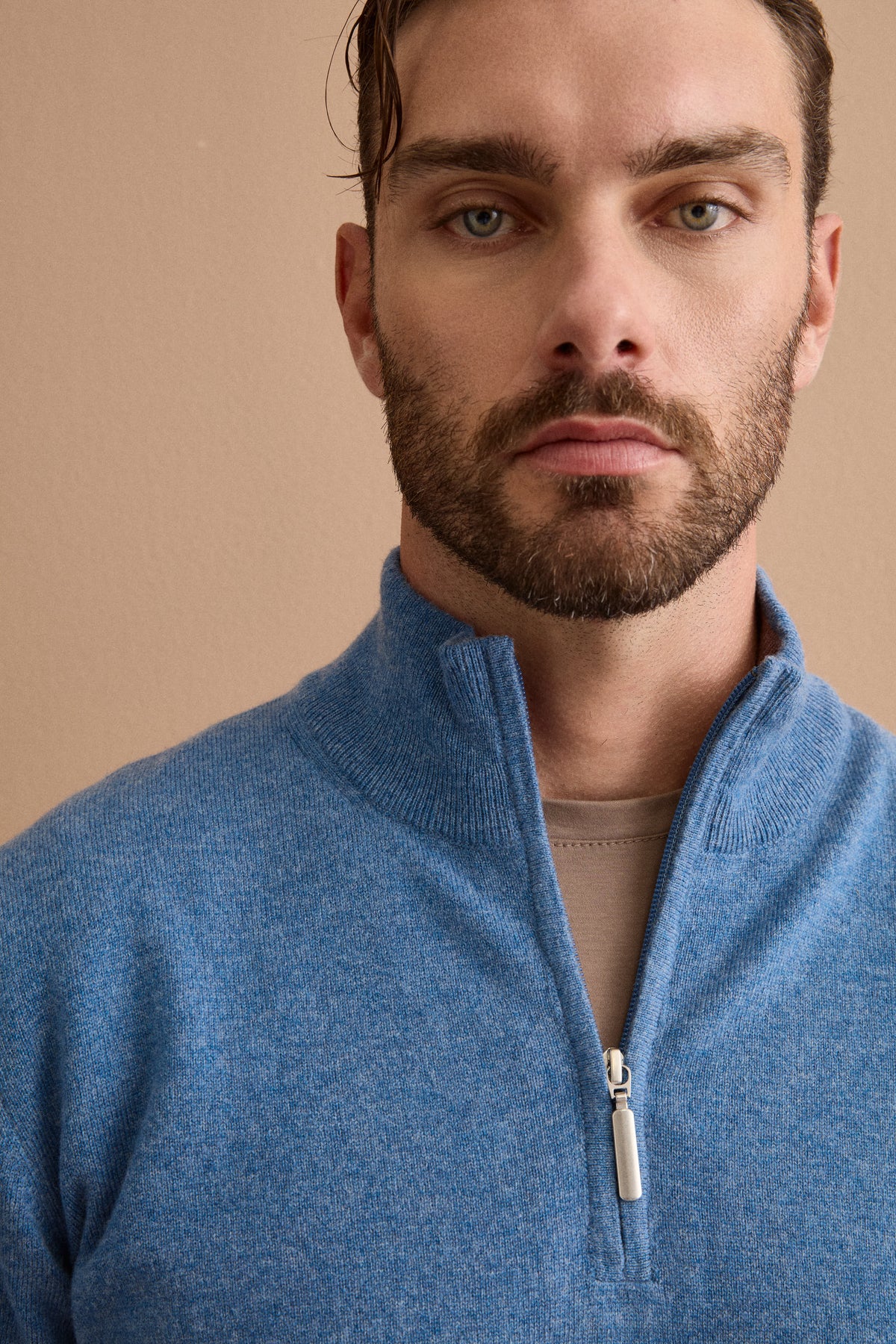 Rollkragenpullover mit Reißverschluss aus Wolle und Kaschmir - Blau meliert