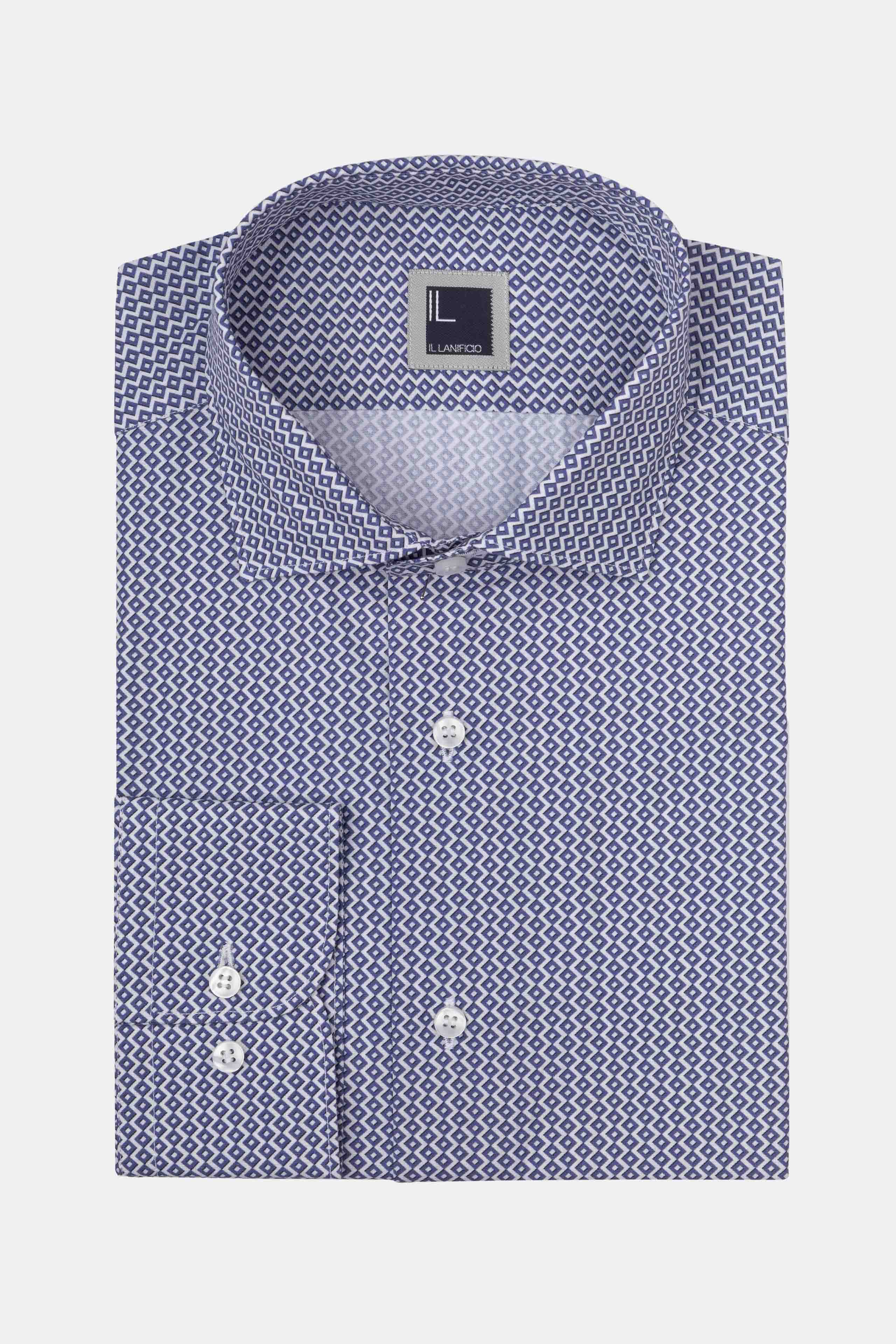 Camicia Fantasia Slim Fit in Popeline - FANT. BIANCO/BLU