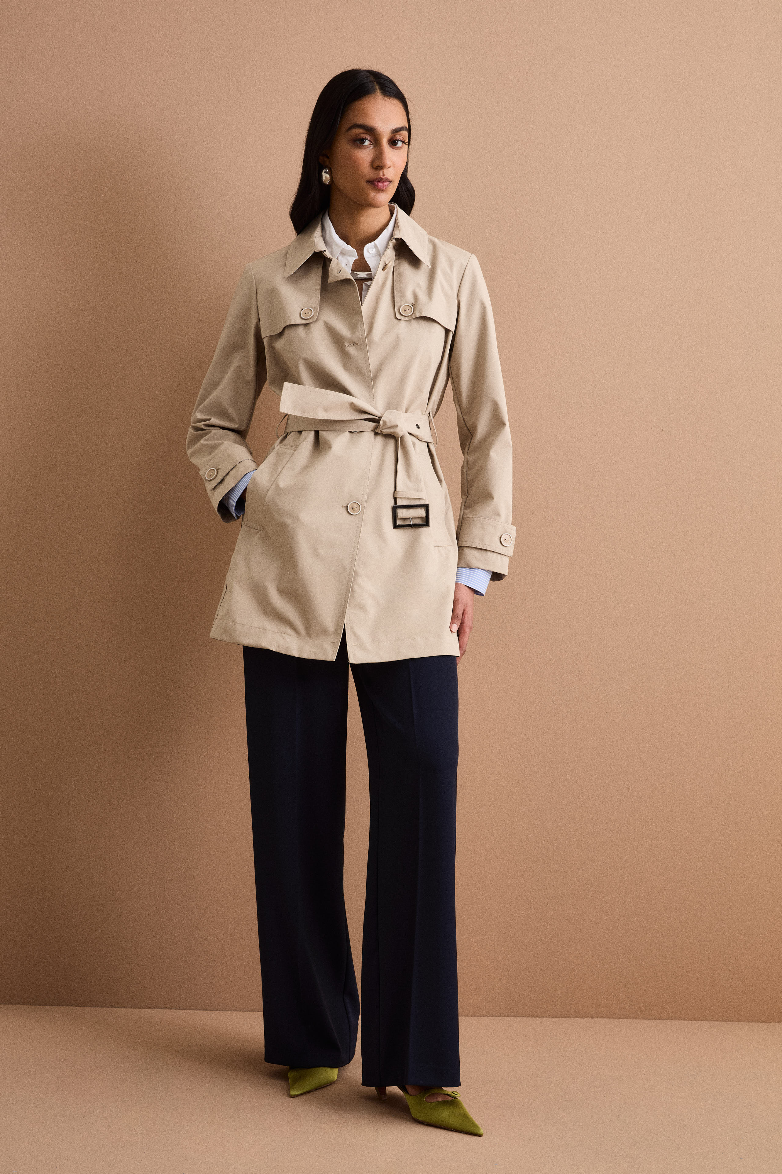 Trench Monopetto Midi con Cintura - BEIGE