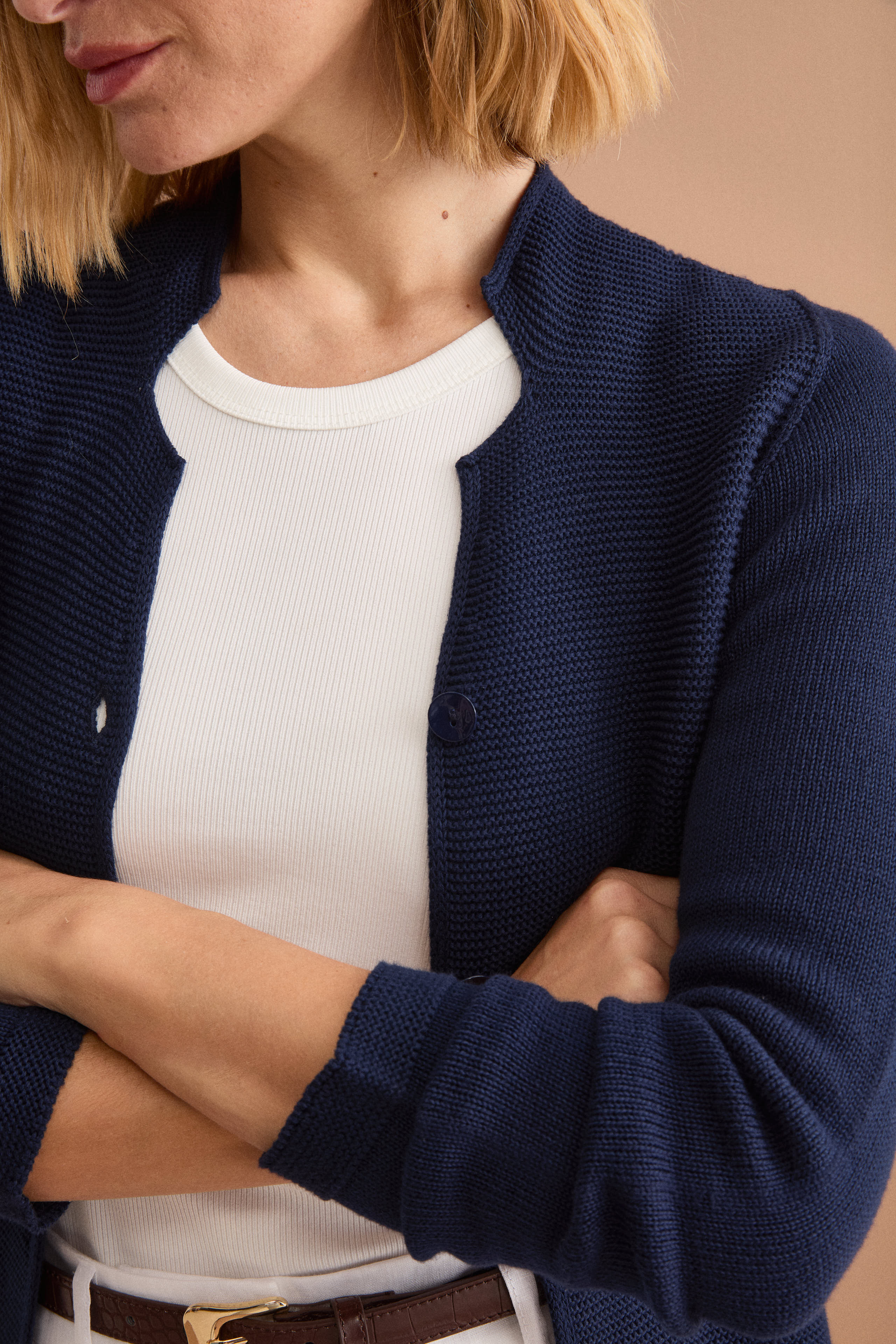 Cardigan à Col V en Maille Links (coton) - BLEU