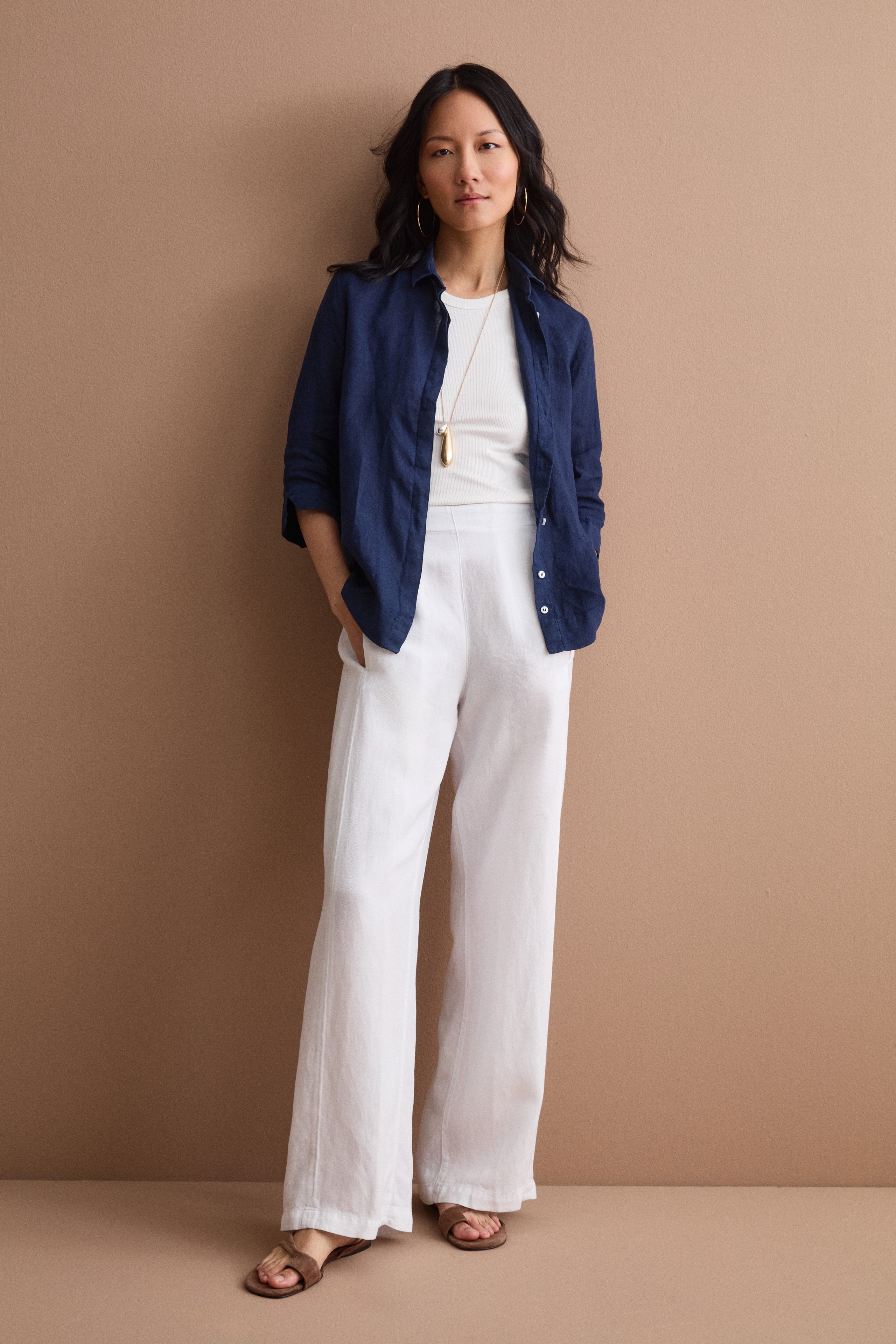 Wide Blended Linen Trousers with Elastic Waist - WHITE