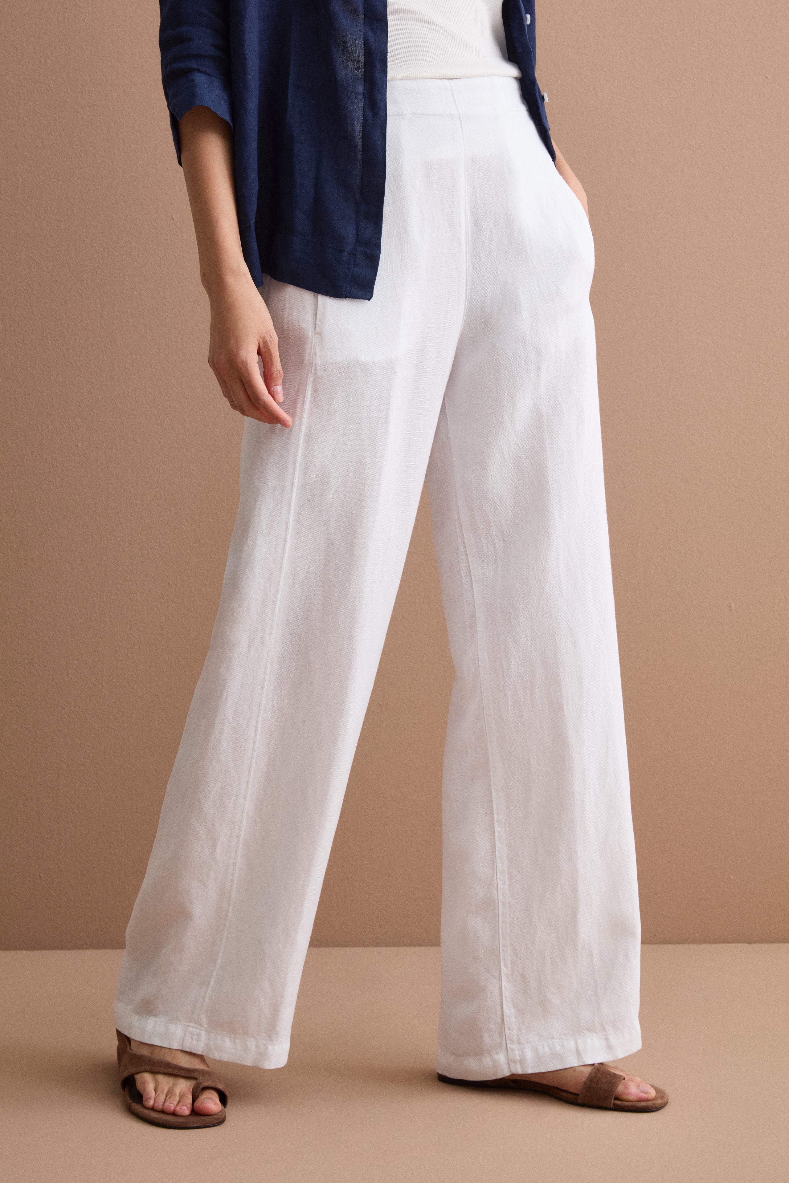 Wide Blended Linen Trousers with Elastic Waist - WHITE