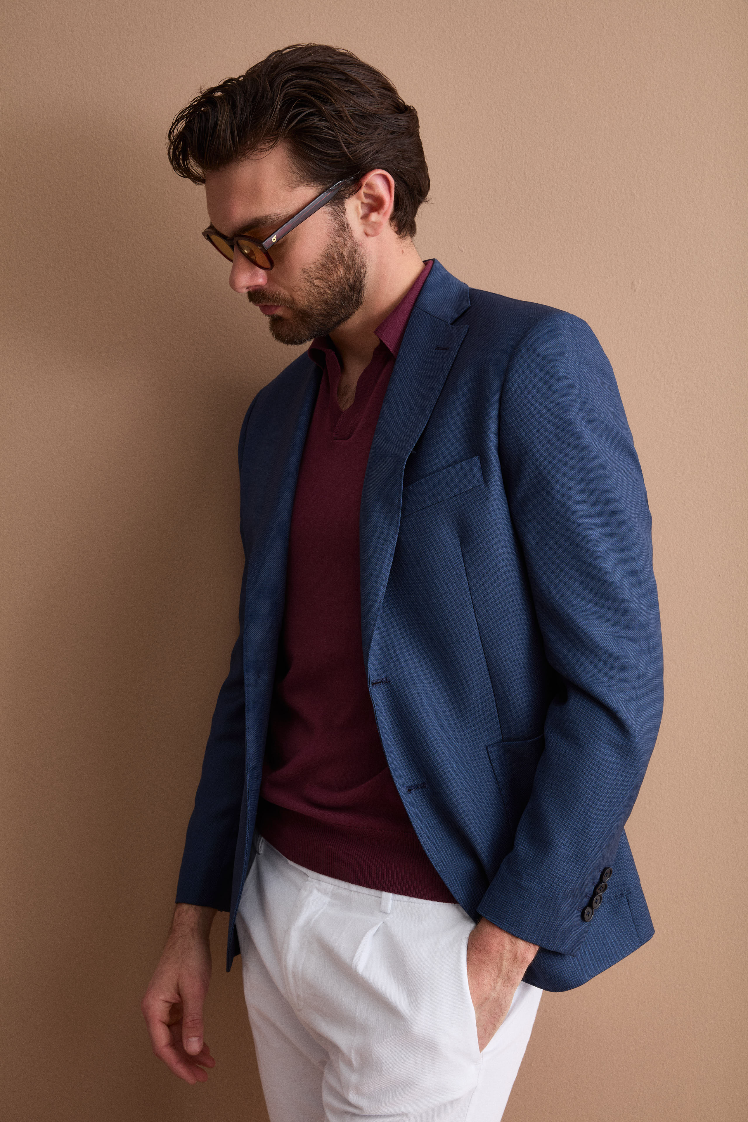 Slim Fit Einreiher Gefütterte Jacke aus Reiner Schurwolle - Blaues Muster