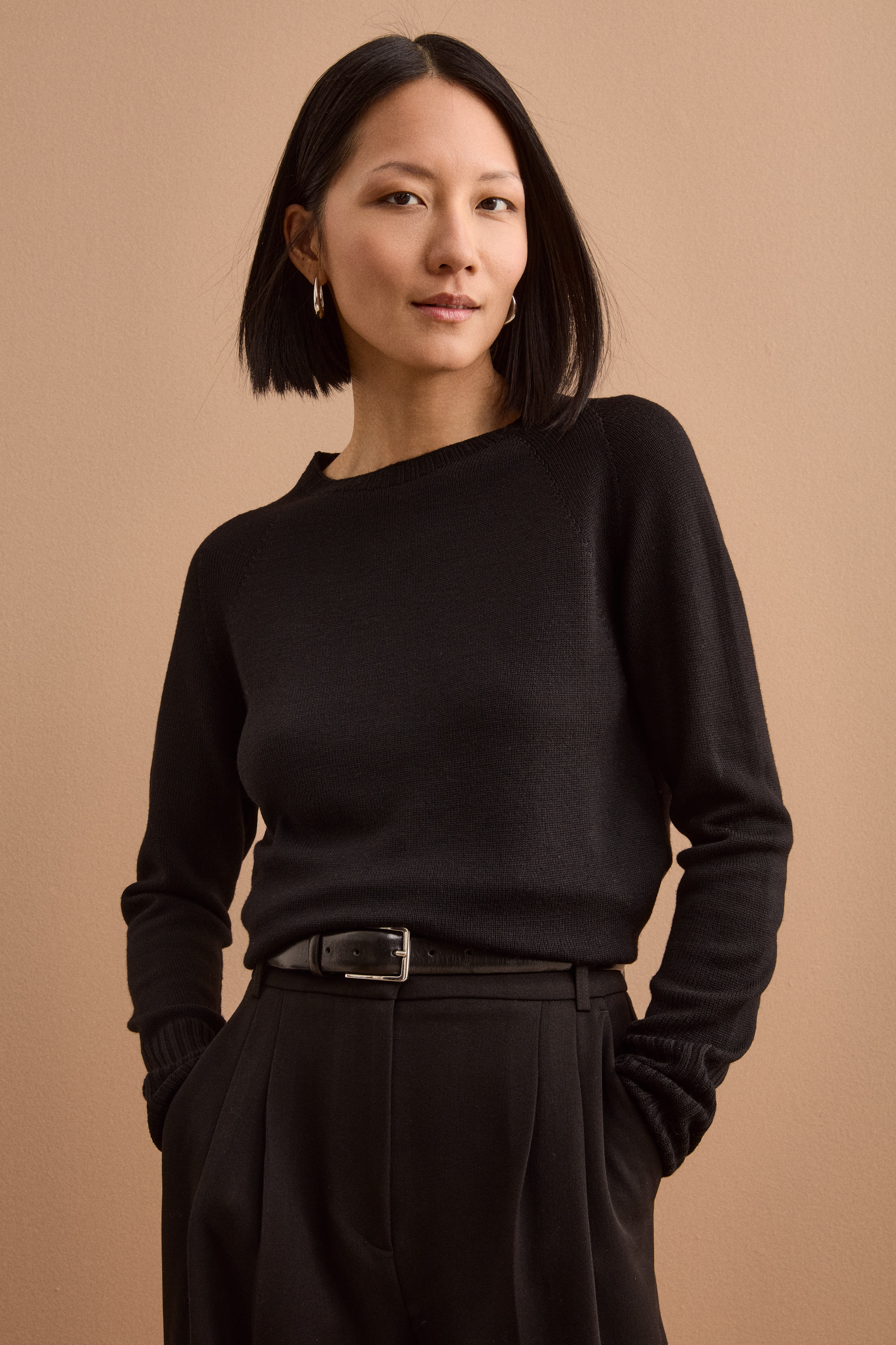 Merino Wool Crewneck with Ribbed Hem - BLACK
