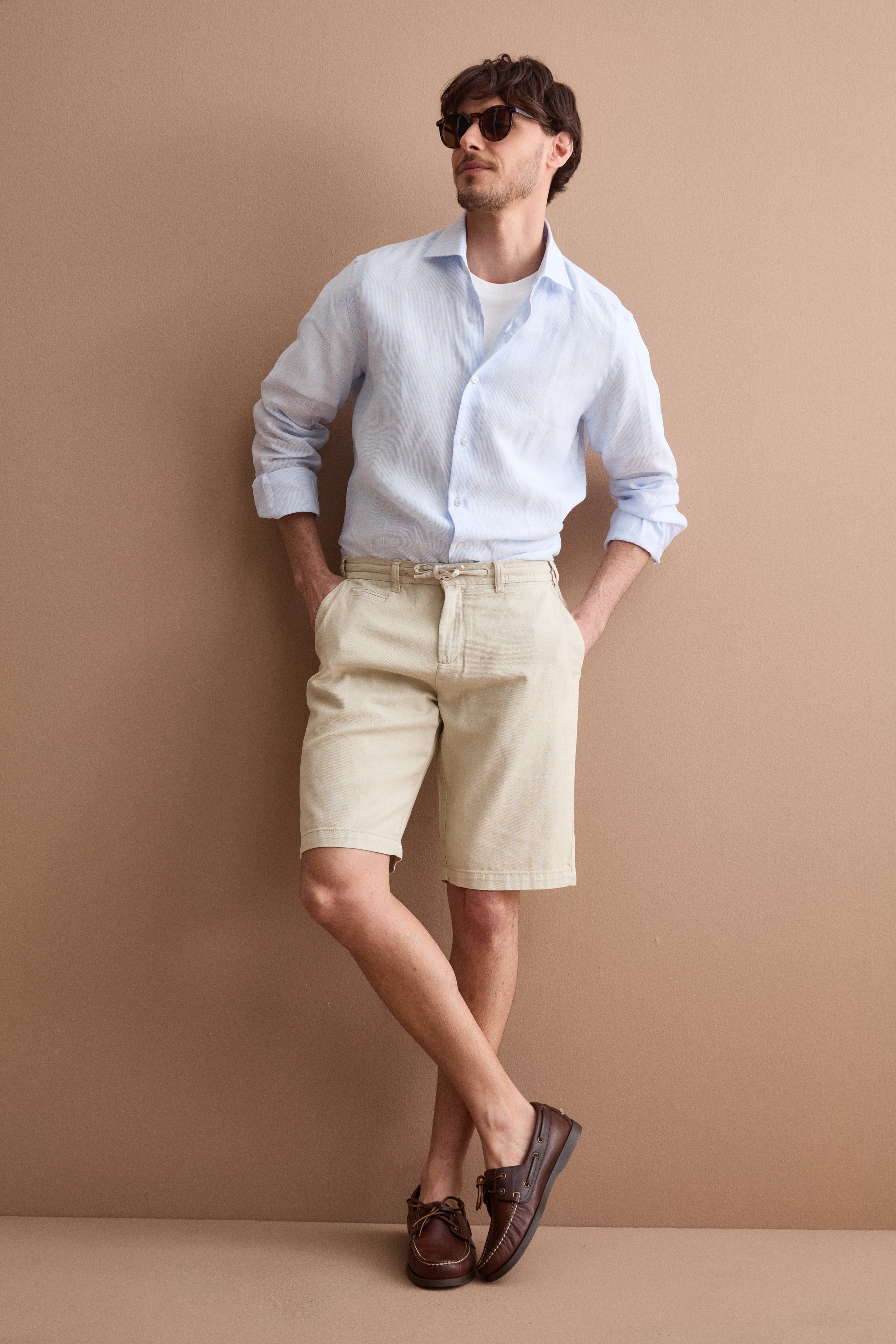 Cotton-blend bermuda shorts with drawstring - Sand brown