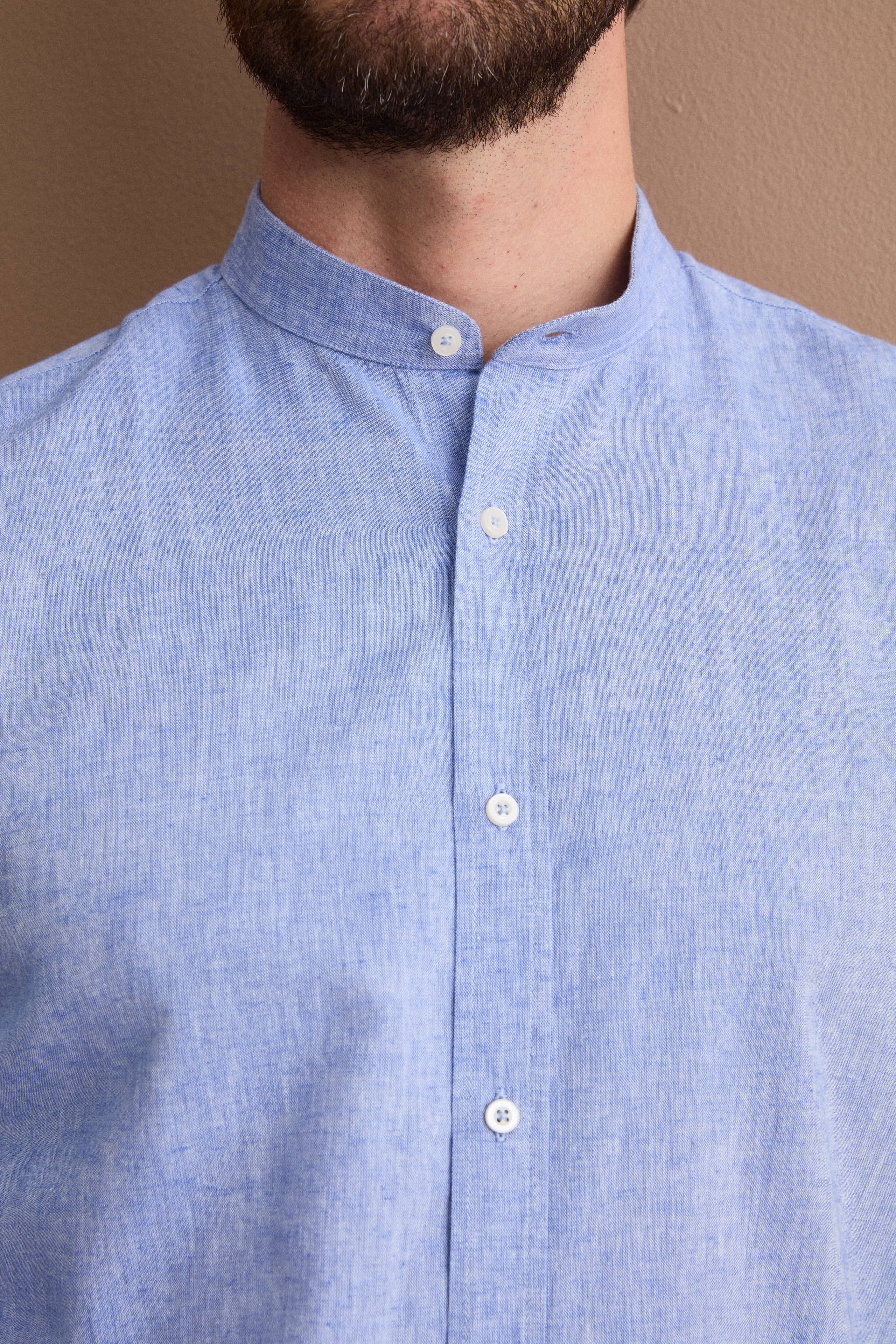 Hemd mit Stehkragen aus Leinenmischung Custom Fit - Hellblau