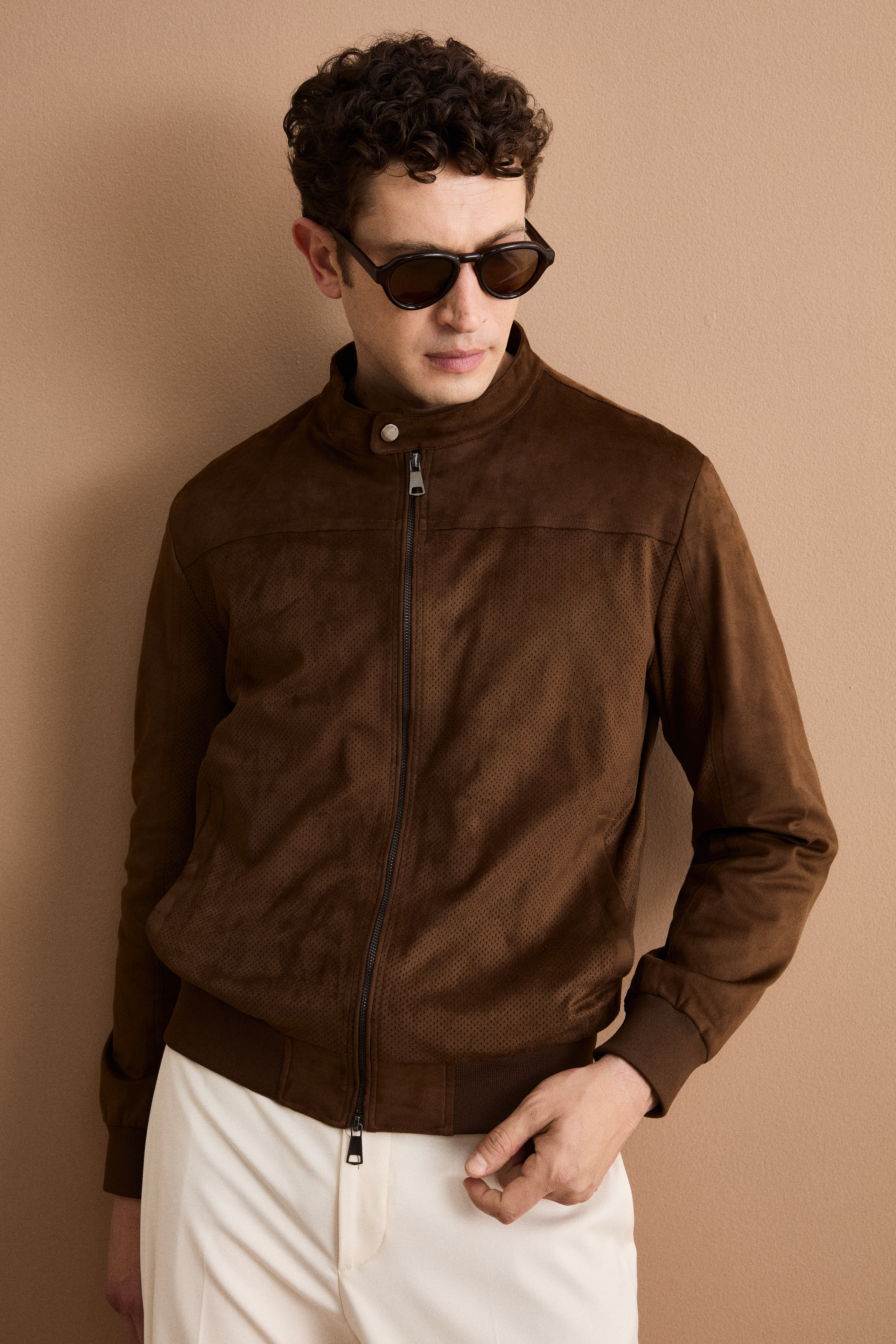 Giubbotto Regular Fit Scamosciato in Alcantara - CIOCCOLATO