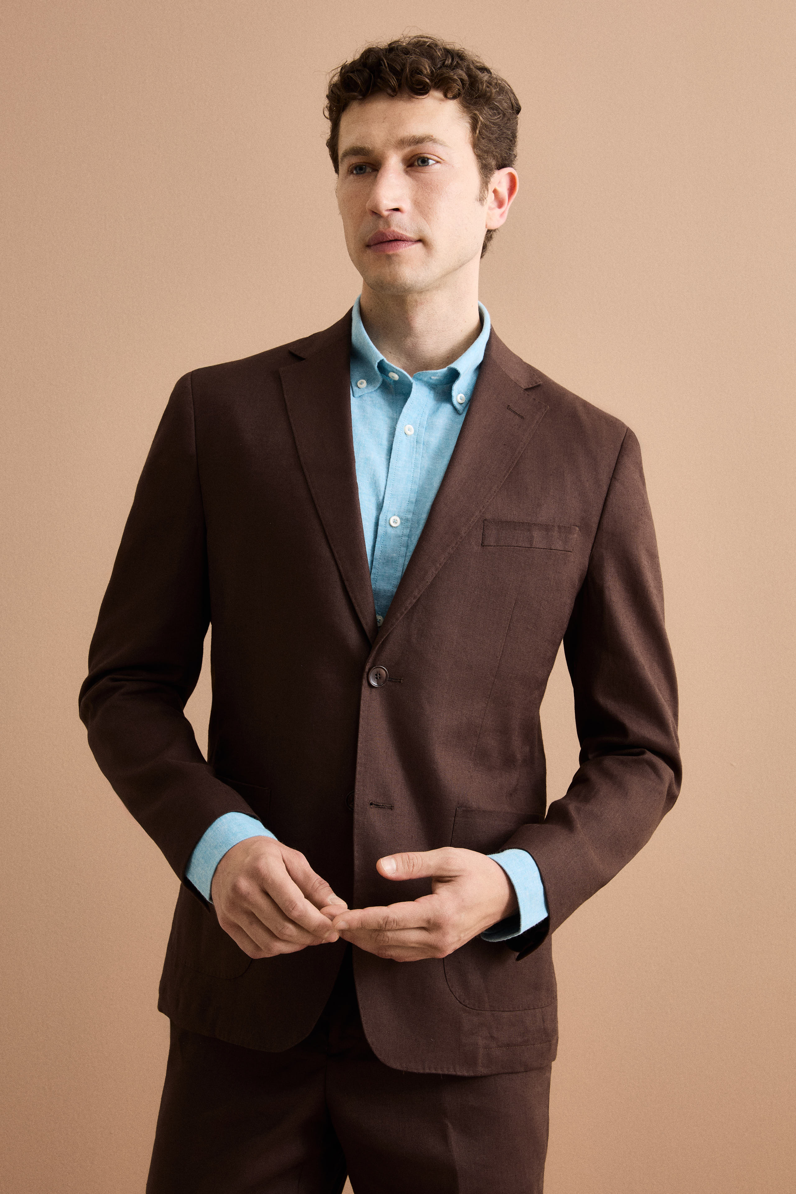 Regular Fit Einreihiger Leinenanzug - Dunkelbraun