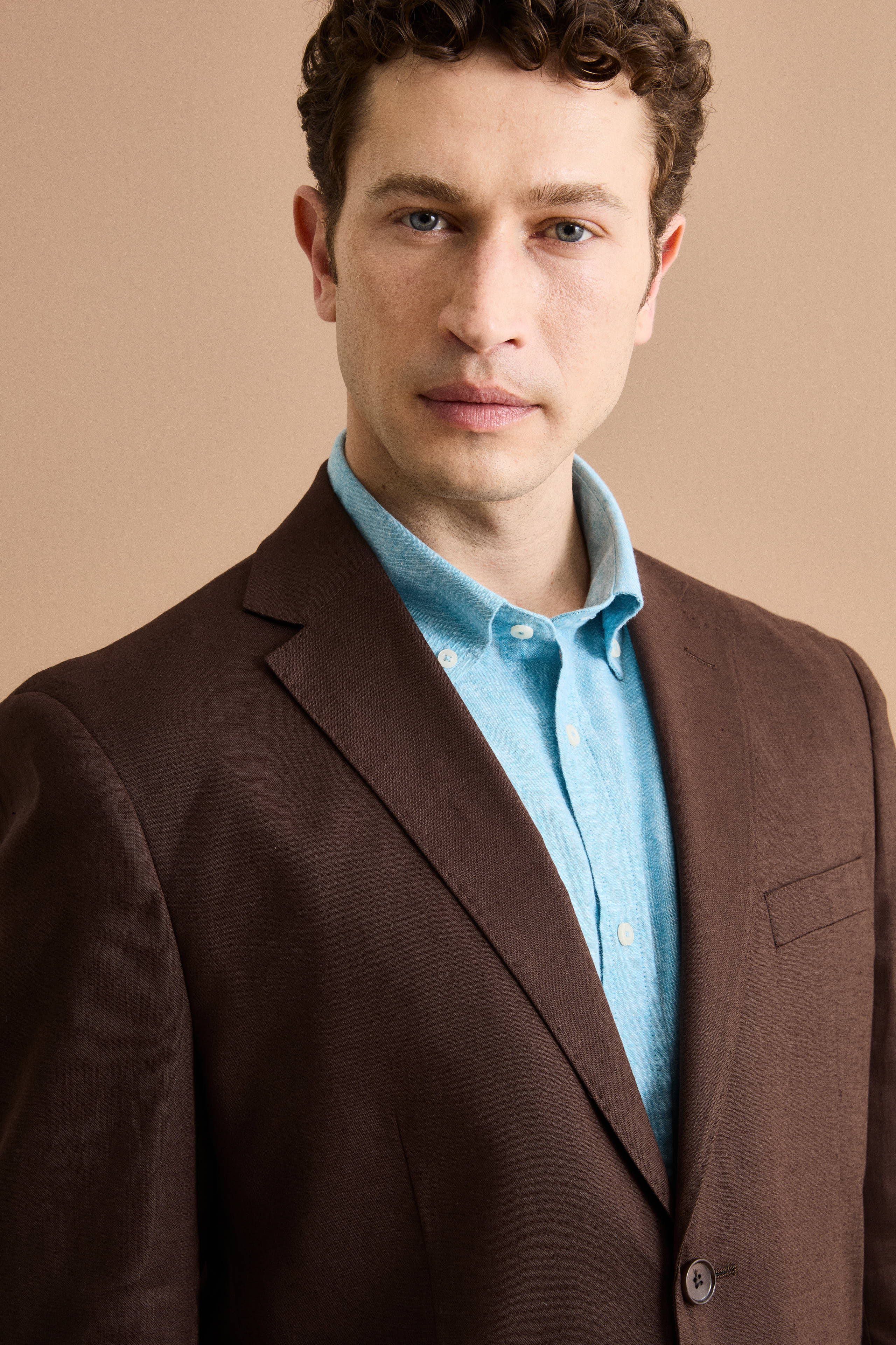 Regular Fit Einreihiger Leinenanzug - Dunkelbraun