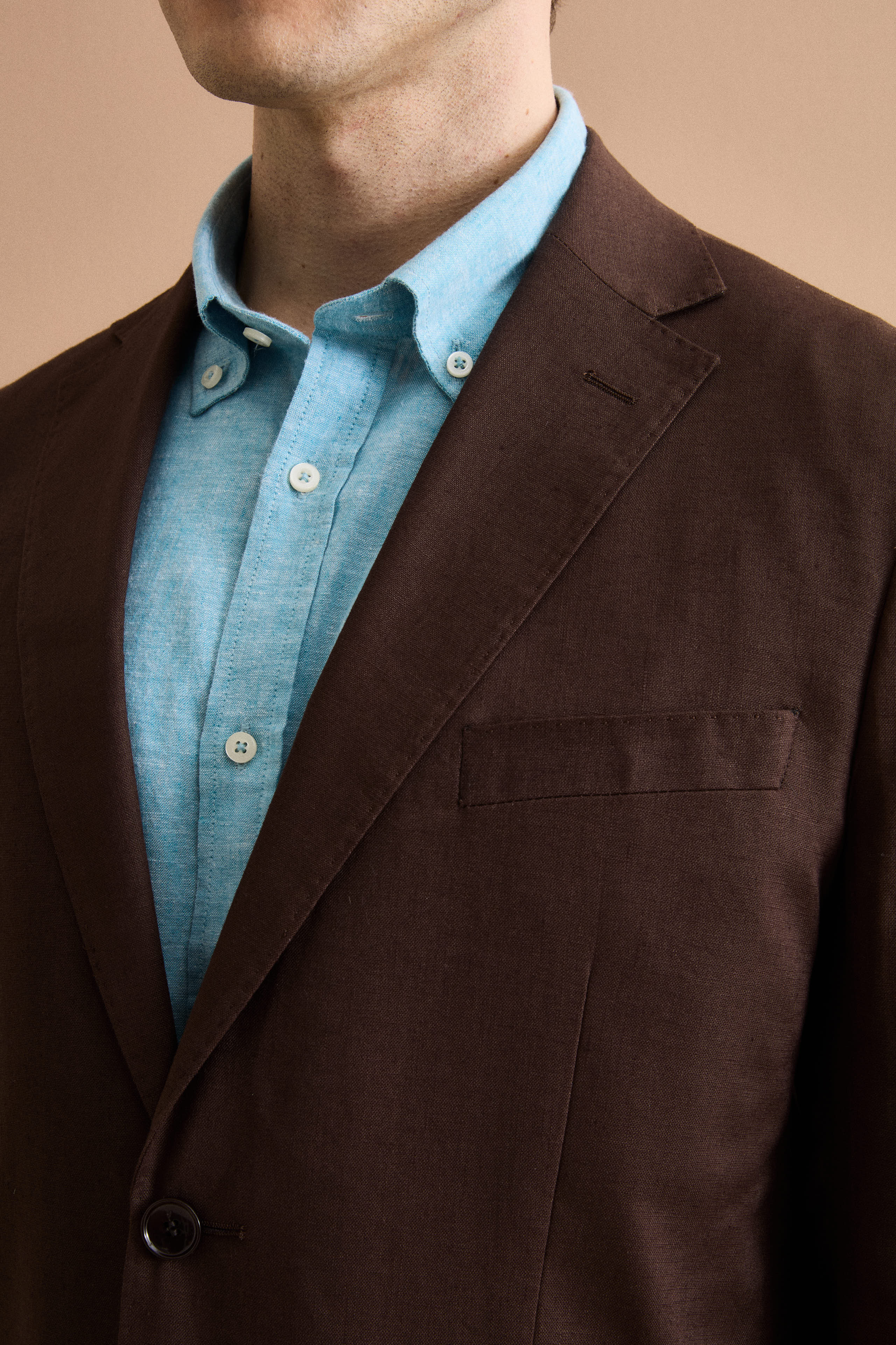 Regular Fit Einreihiger Leinenanzug - Dunkelbraun