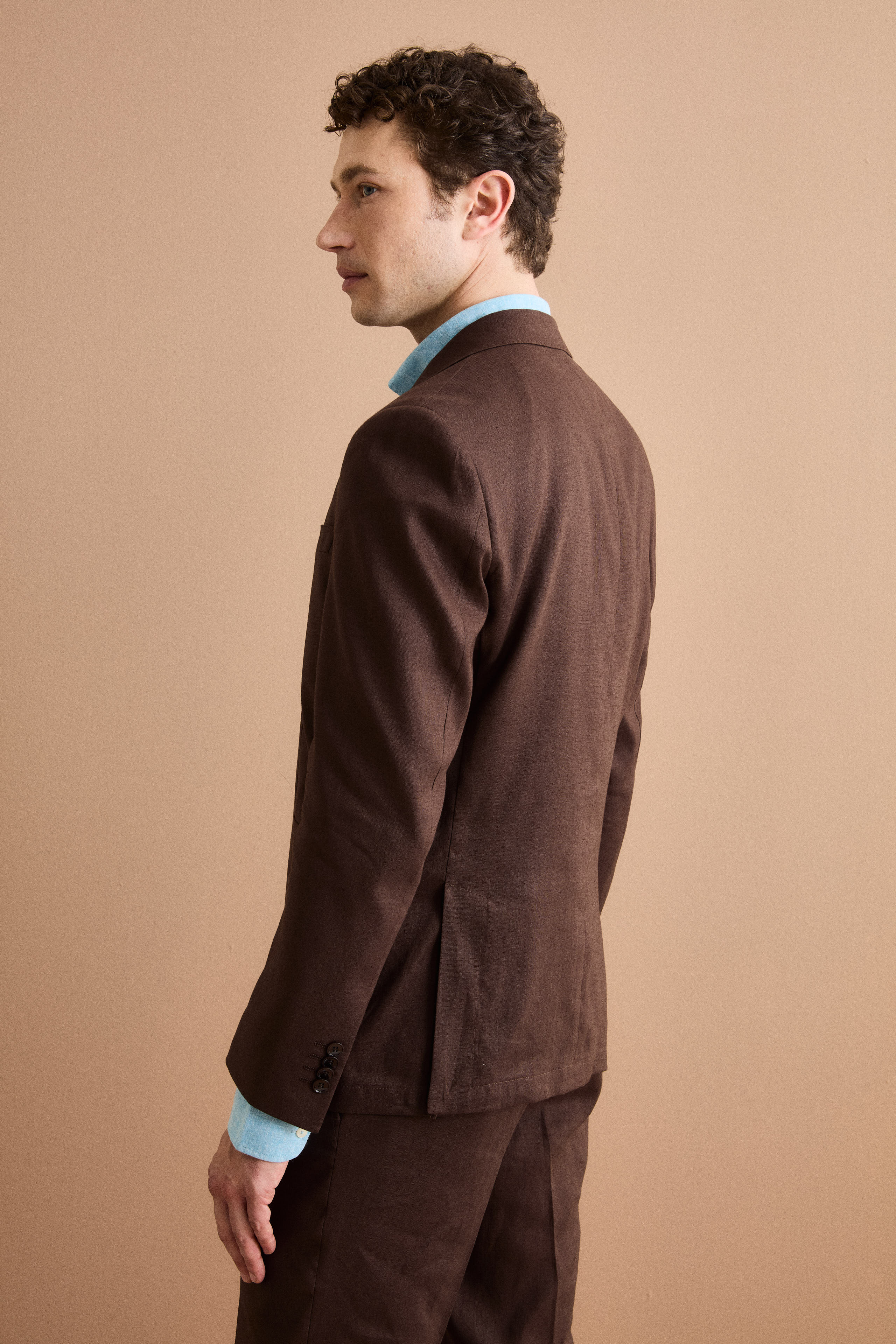 Regular Fit Einreihiger Leinenanzug - Dunkelbraun