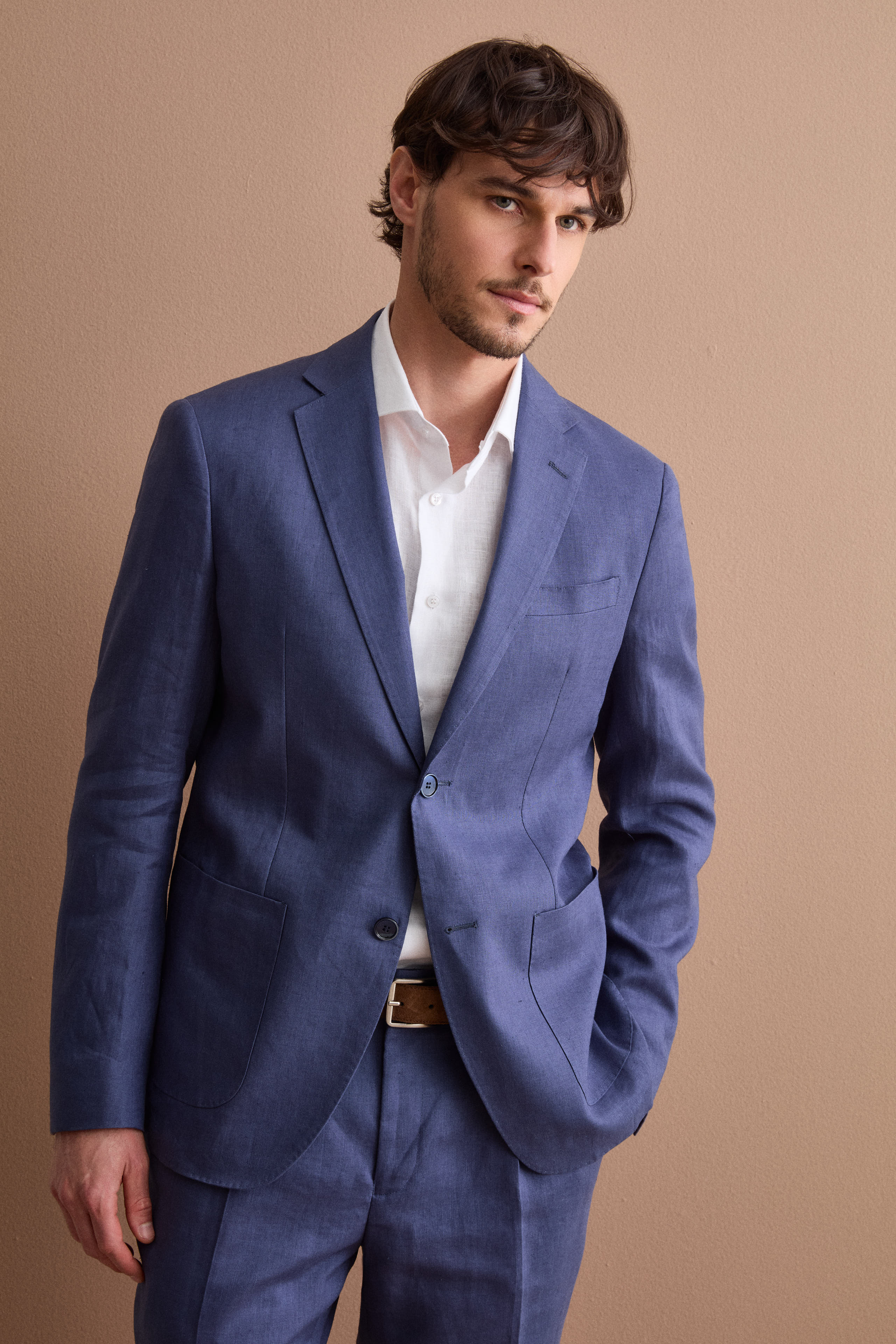 Slim Fit Halbgefütterter Leinenanzug - BLAU