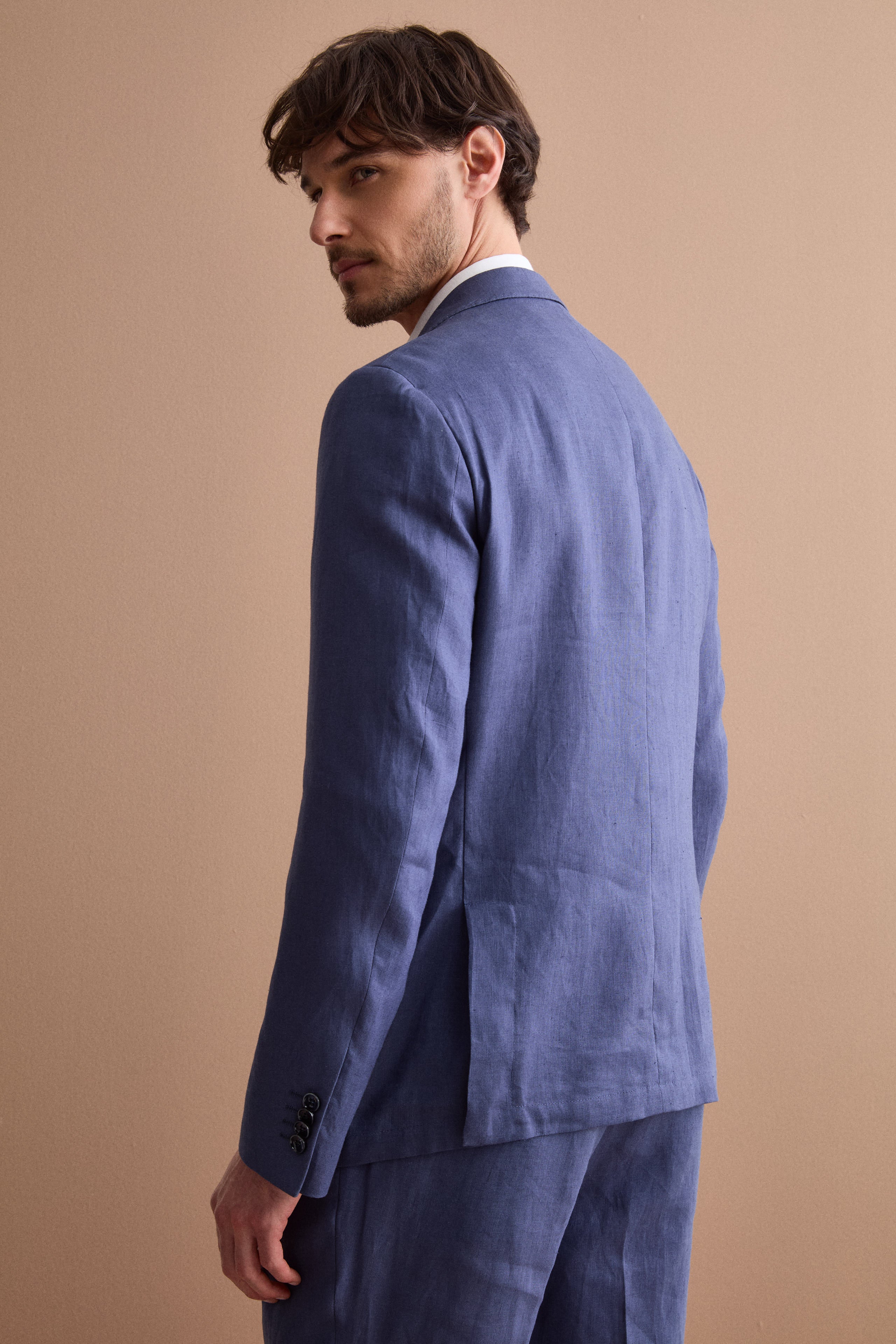 Slim Fit Halbgefütterter Leinenanzug - BLAU