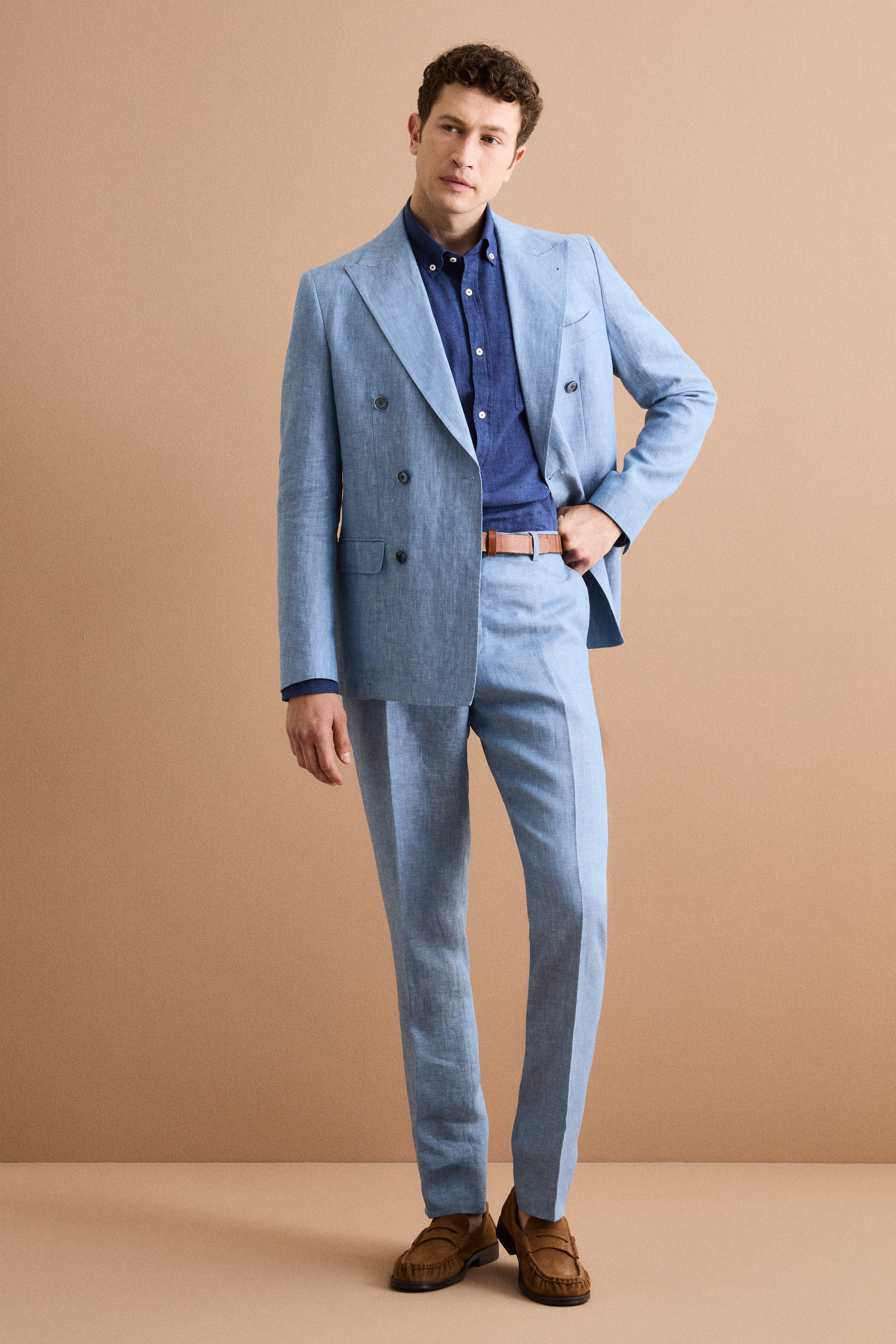 Slim Fit Zweireihiger Anzug aus Meliertem Leinen - Hellblau