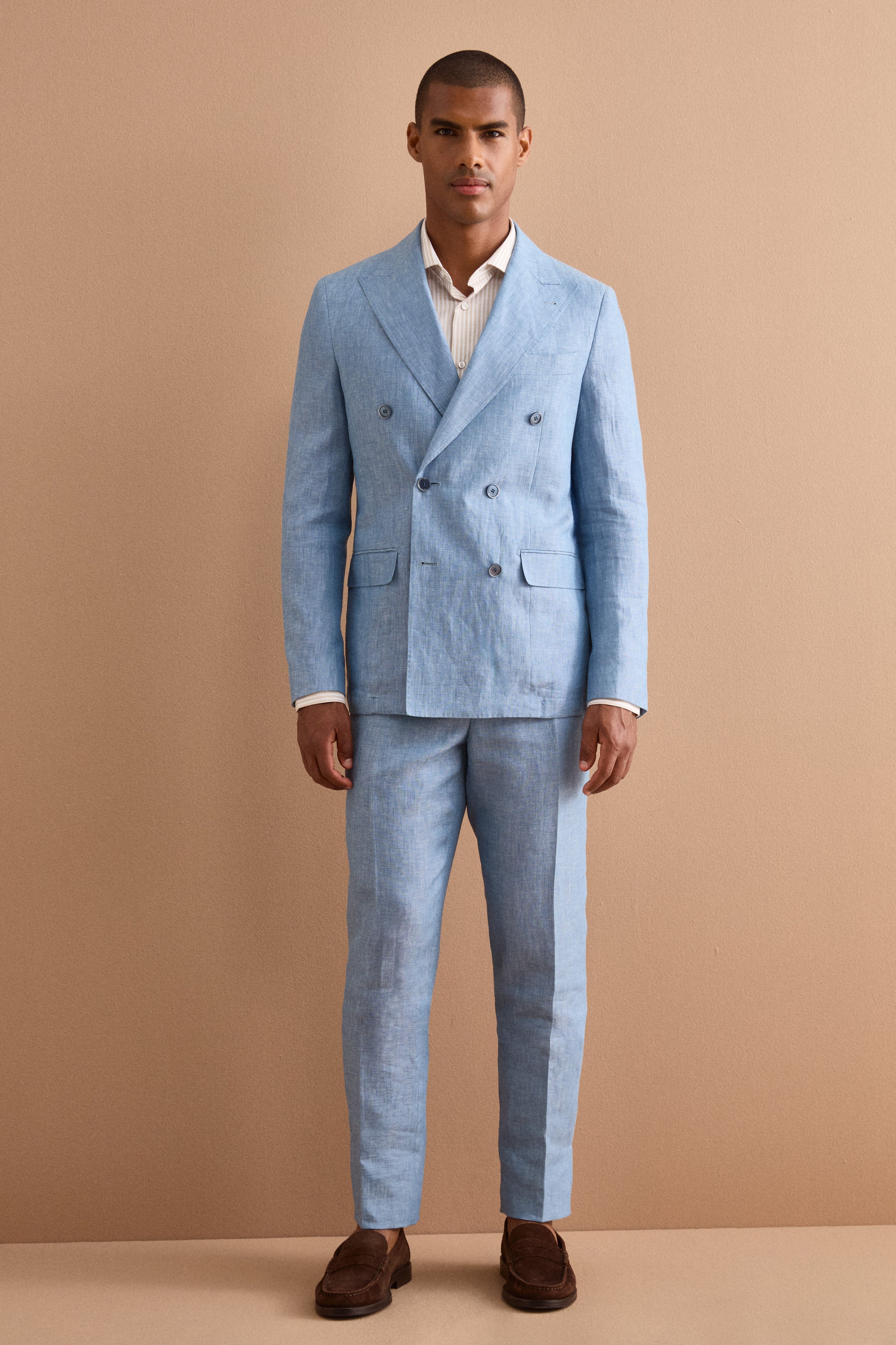Slim Fit Zweireihiger Anzug aus Meliertem Leinen - Hellblau