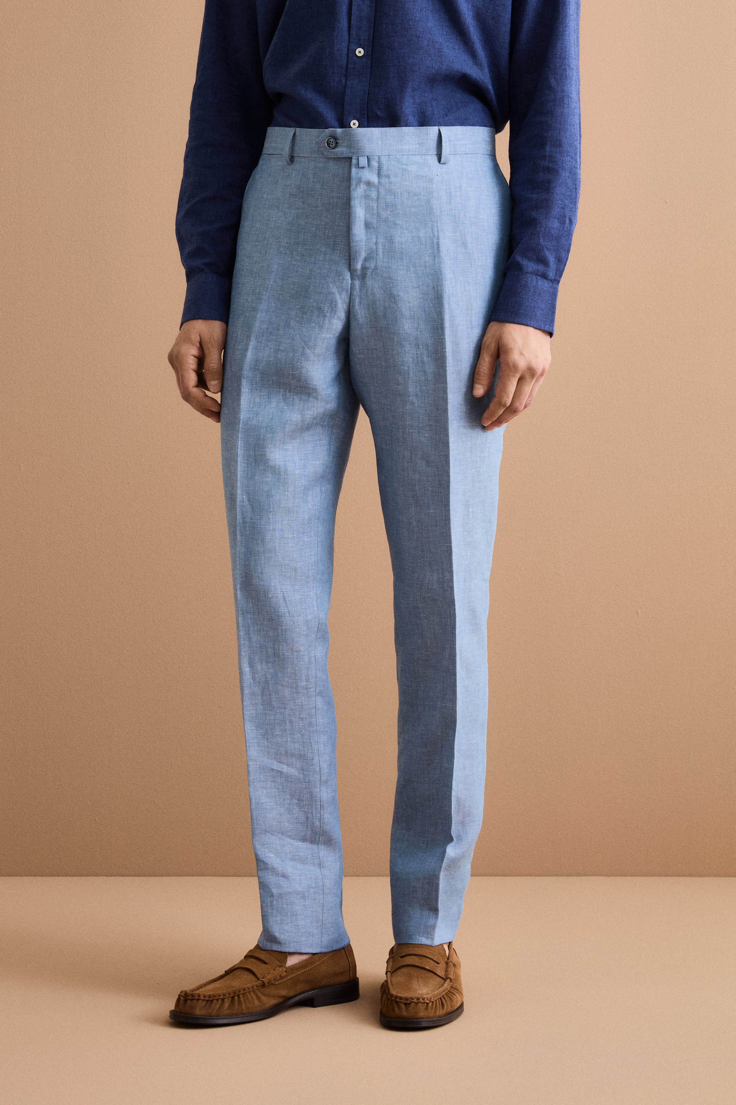 Slim Fit Zweireihiger Anzug aus Meliertem Leinen - Hellblau