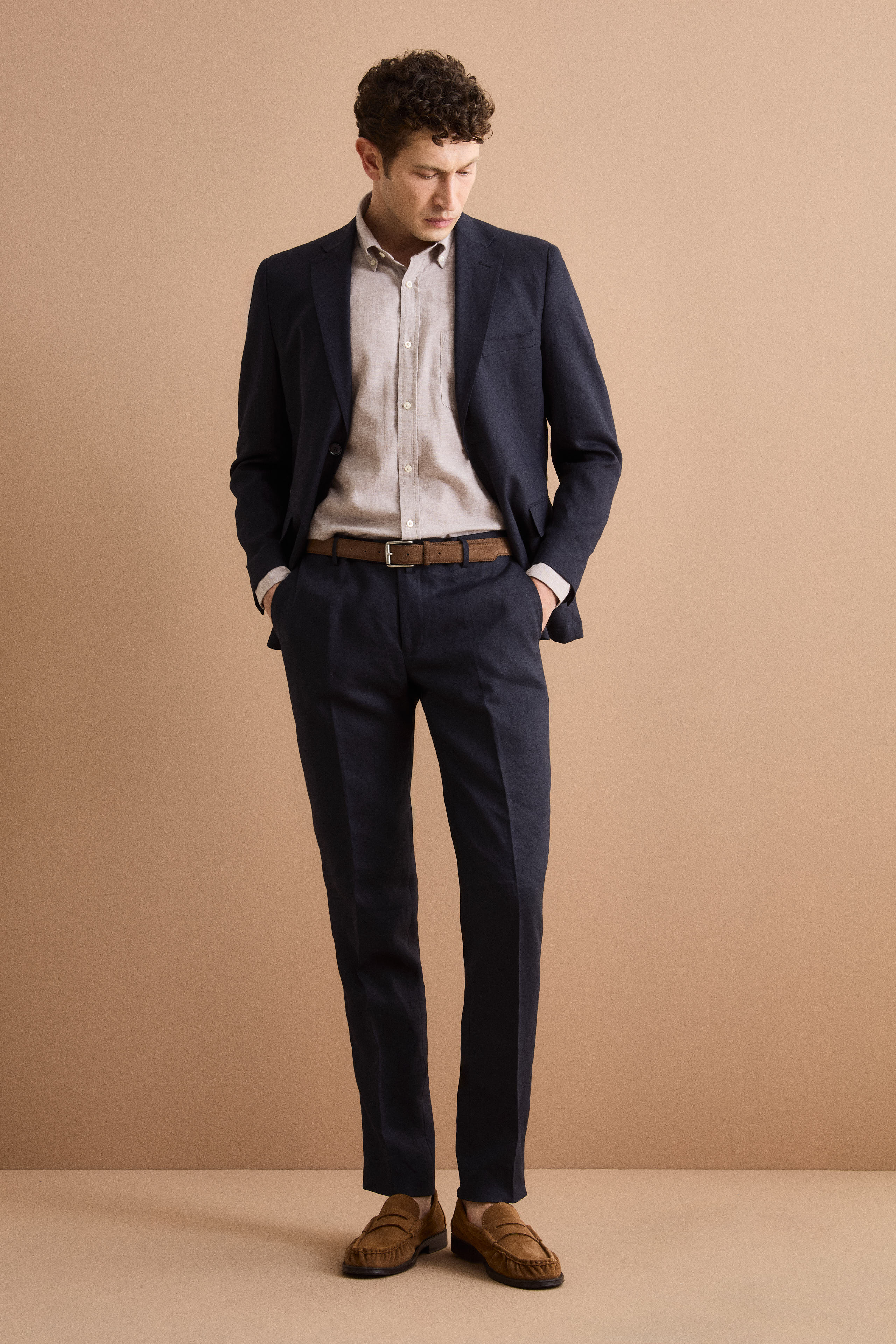 Comfort Fit Einreihiger Anzug aus Reinem Leinen - Marineblau