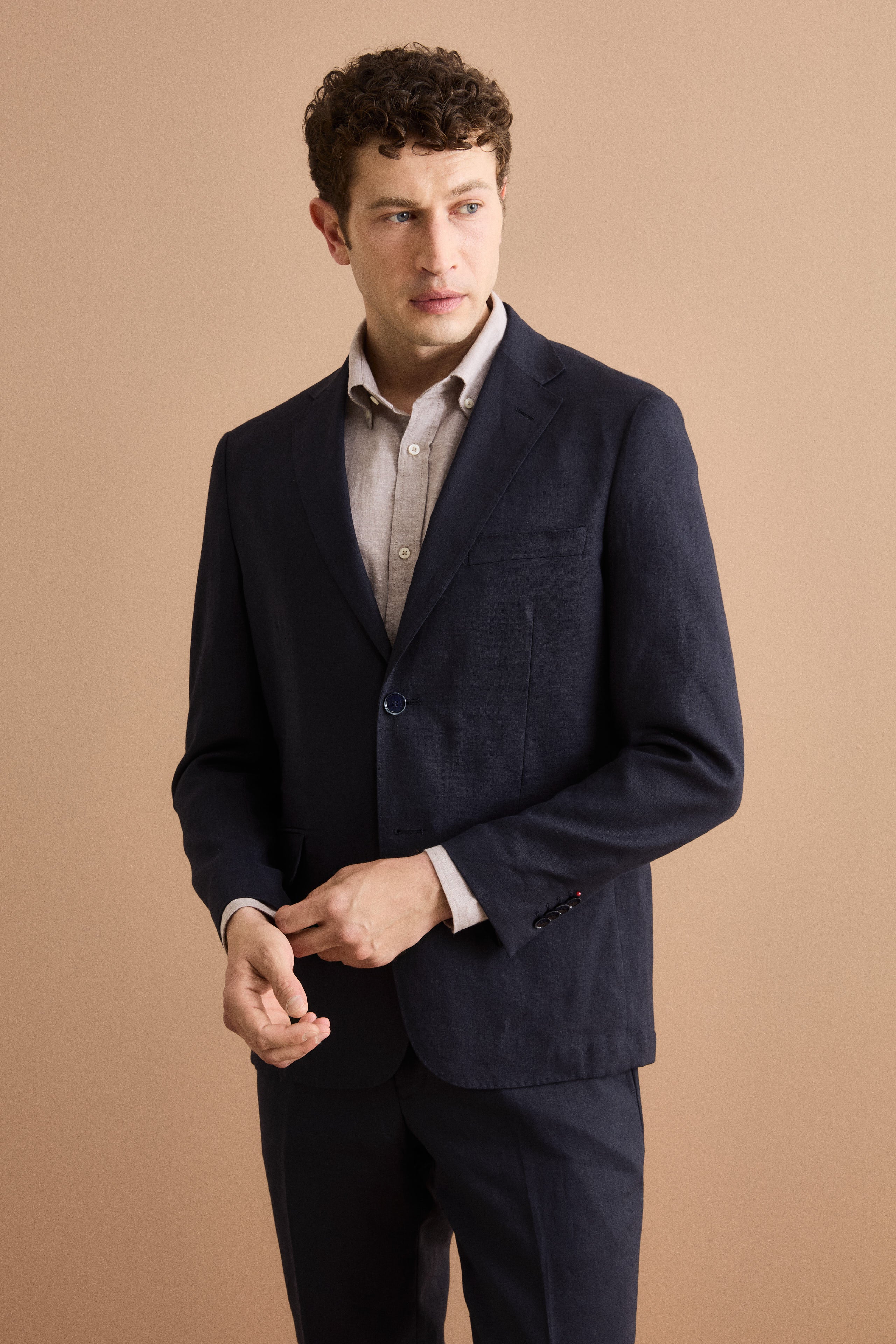 Comfort Fit Einreihiger Anzug aus Reinem Leinen - Marineblau