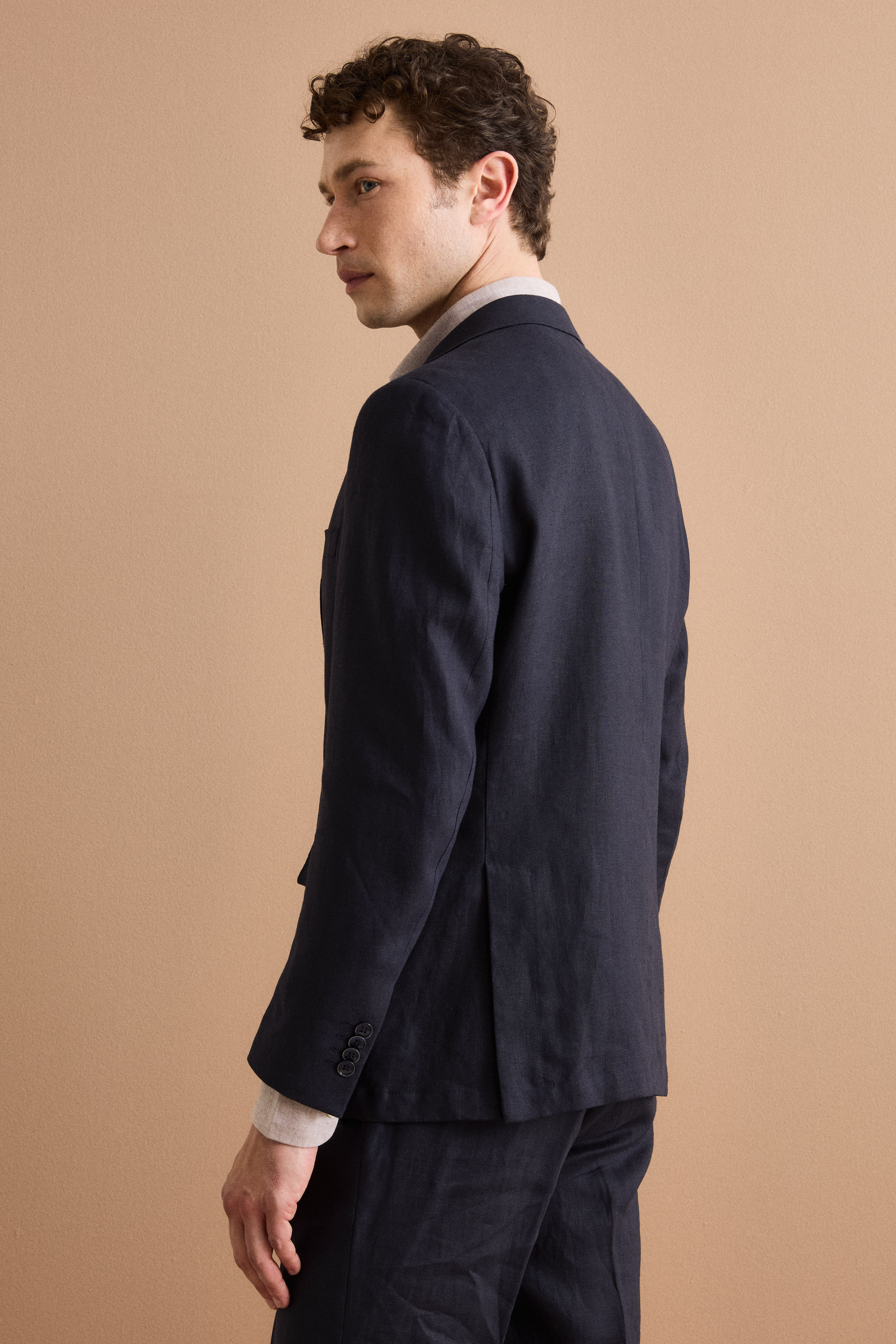 Comfort Fit Einreihiger Anzug aus Reinem Leinen - Marineblau