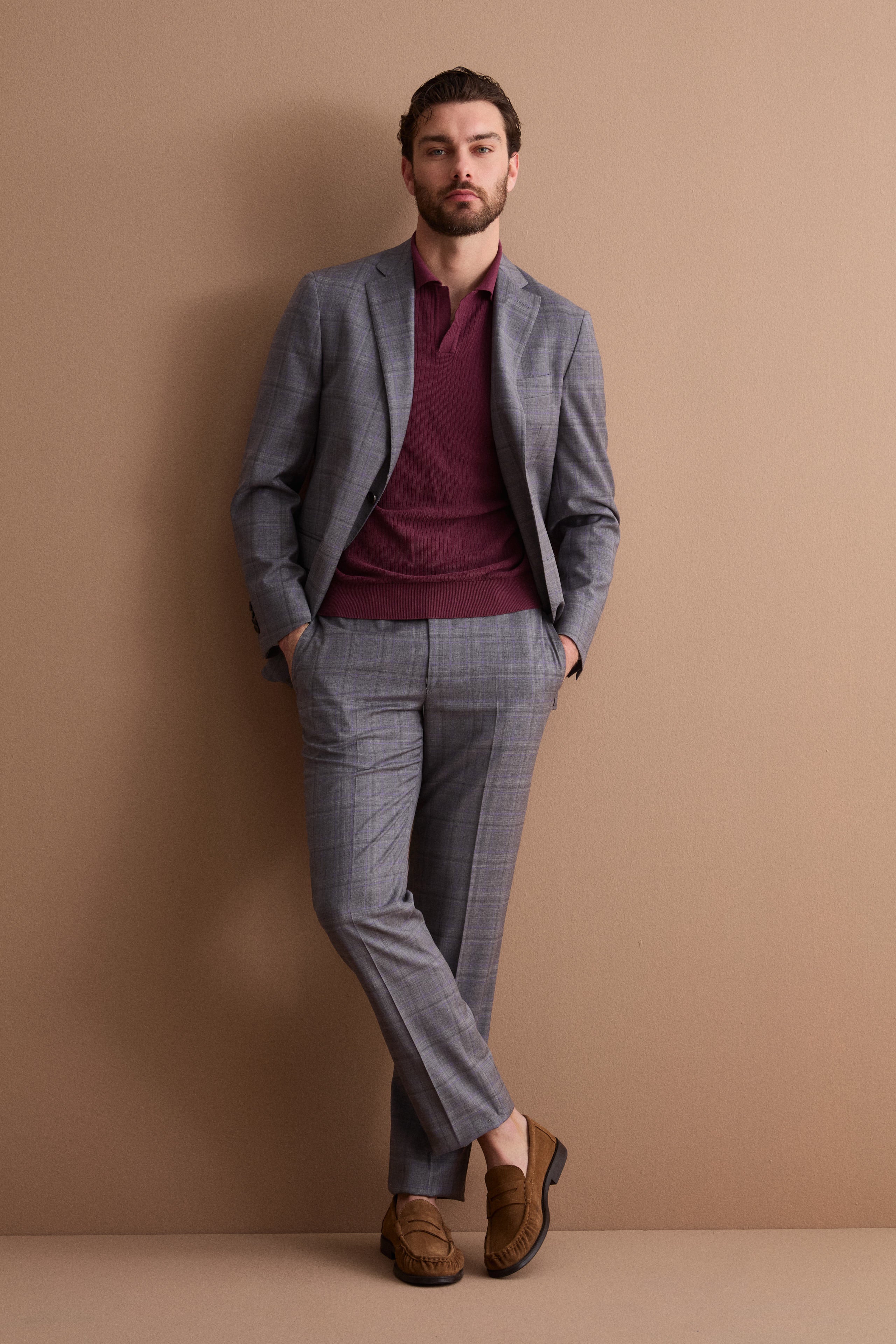 Costume Monopoint à Carreaux en Laine Vierge Regular Fit - Checks gris