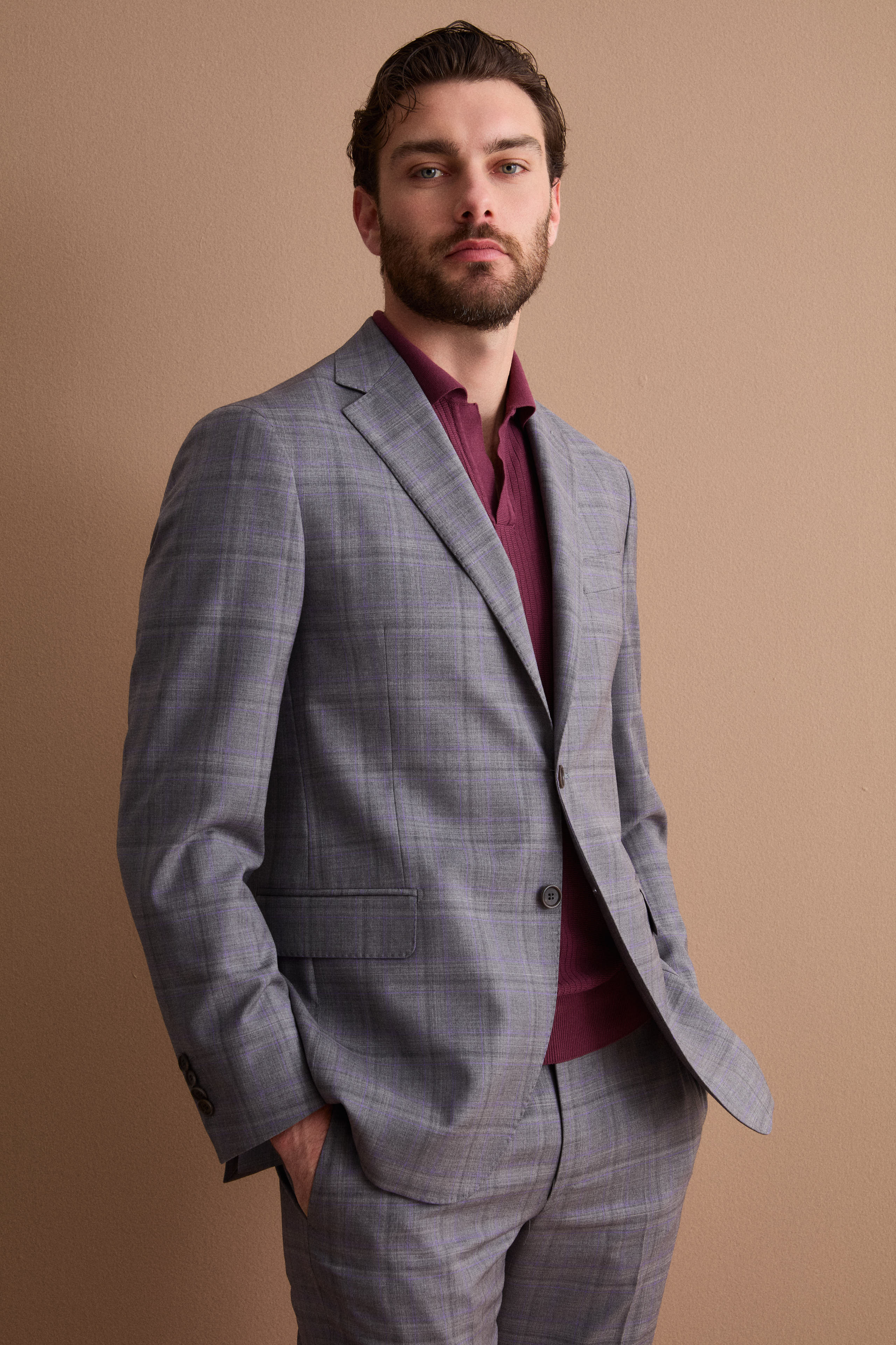 Costume Monopoint à Carreaux en Laine Vierge Regular Fit - Checks gris