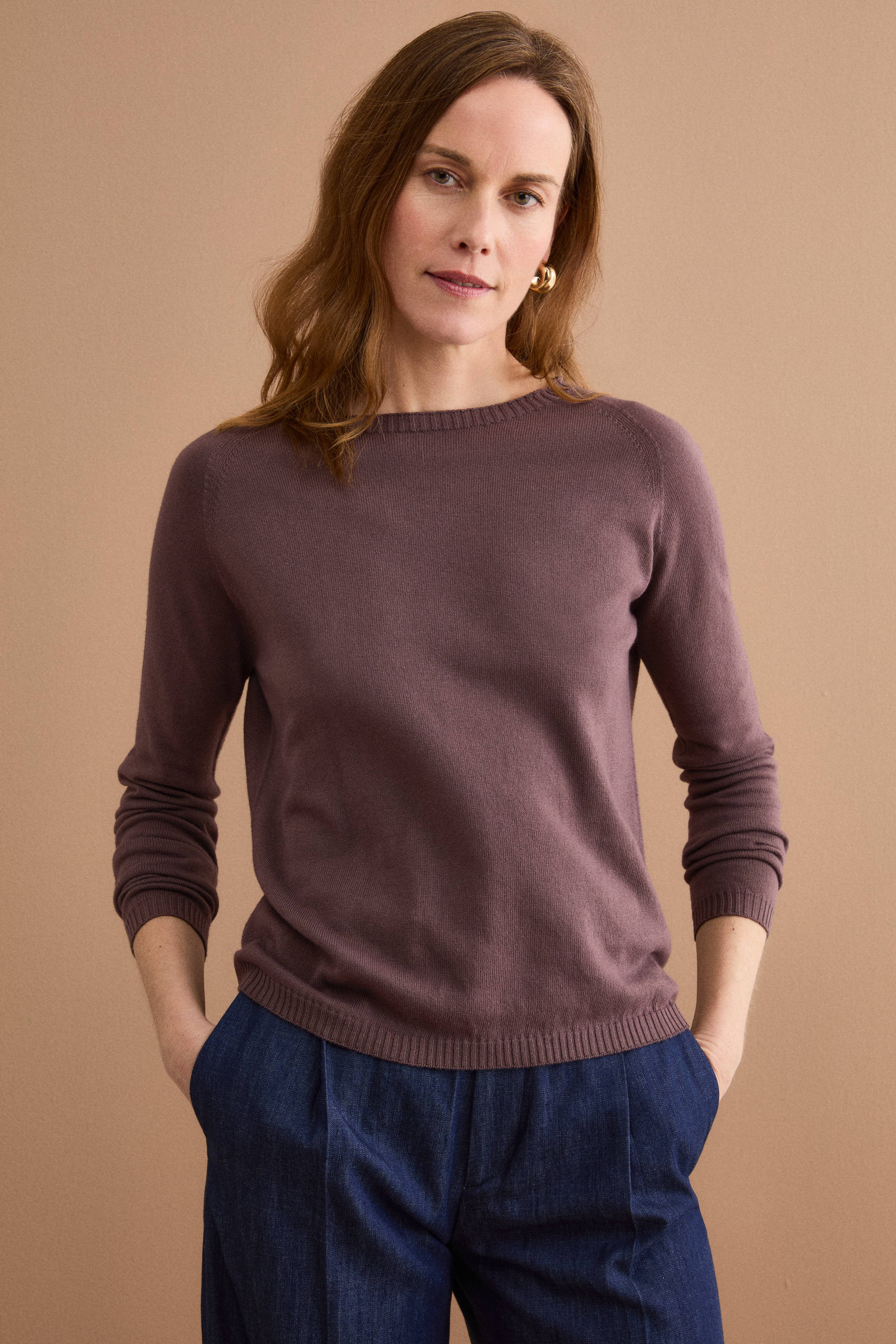 Pull col bateau en coton avec manches raglan - Marron chaud