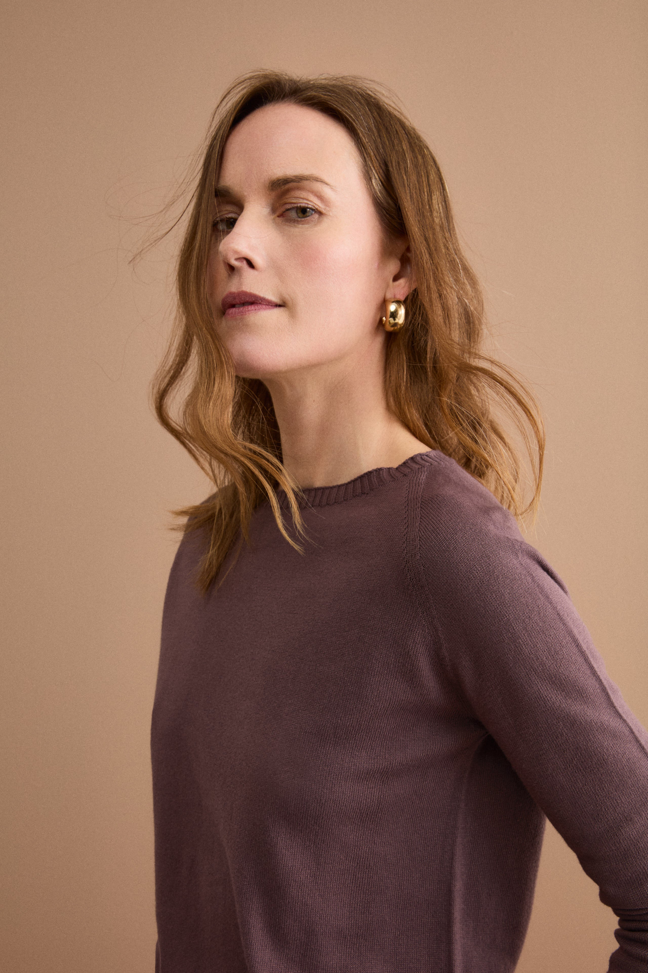 Pull col bateau en coton avec manches raglan - Marron chaud