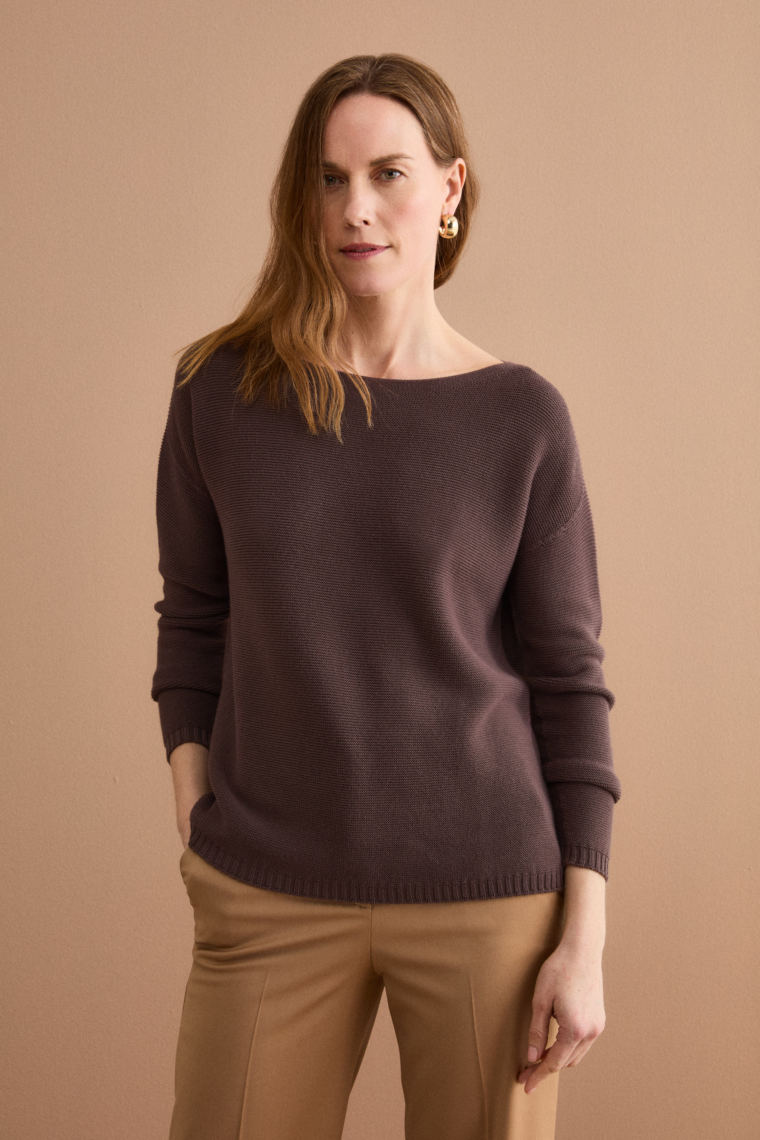 Pull en coton maille links avec col bateau - Marron chaud
