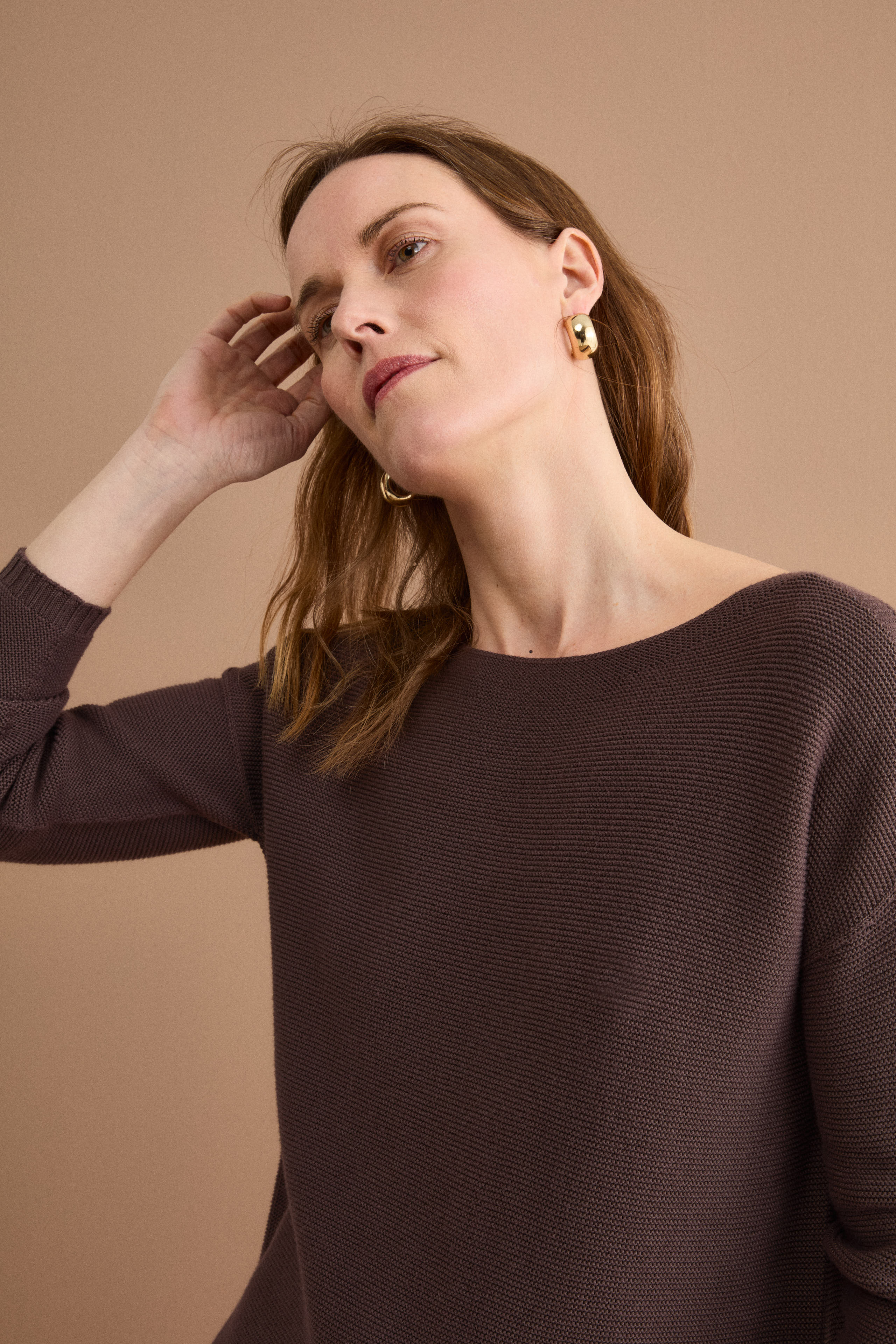 Pull en coton maille links avec col bateau - Marron chaud