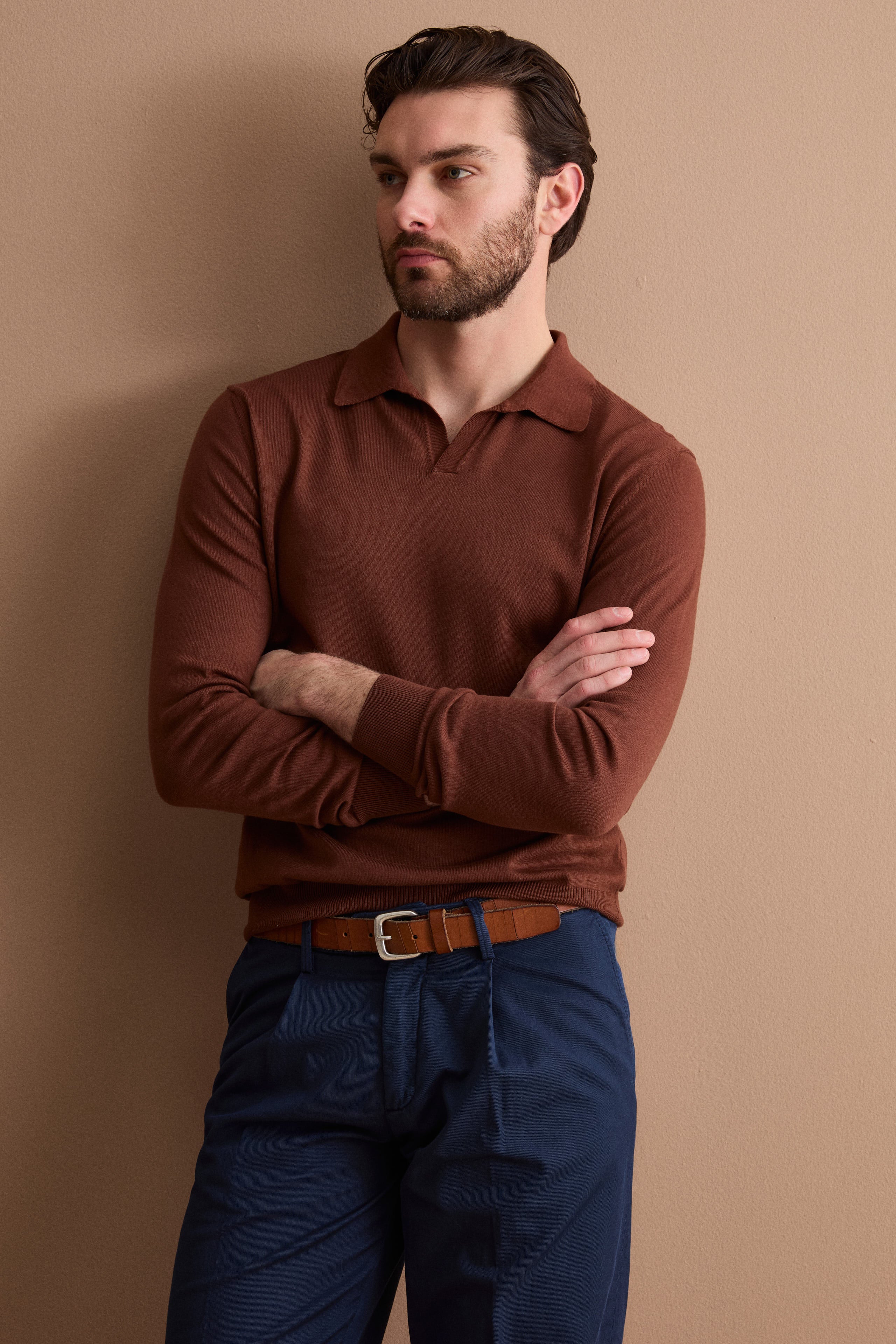 Polo Derby en Coton à Manches Longues - marron