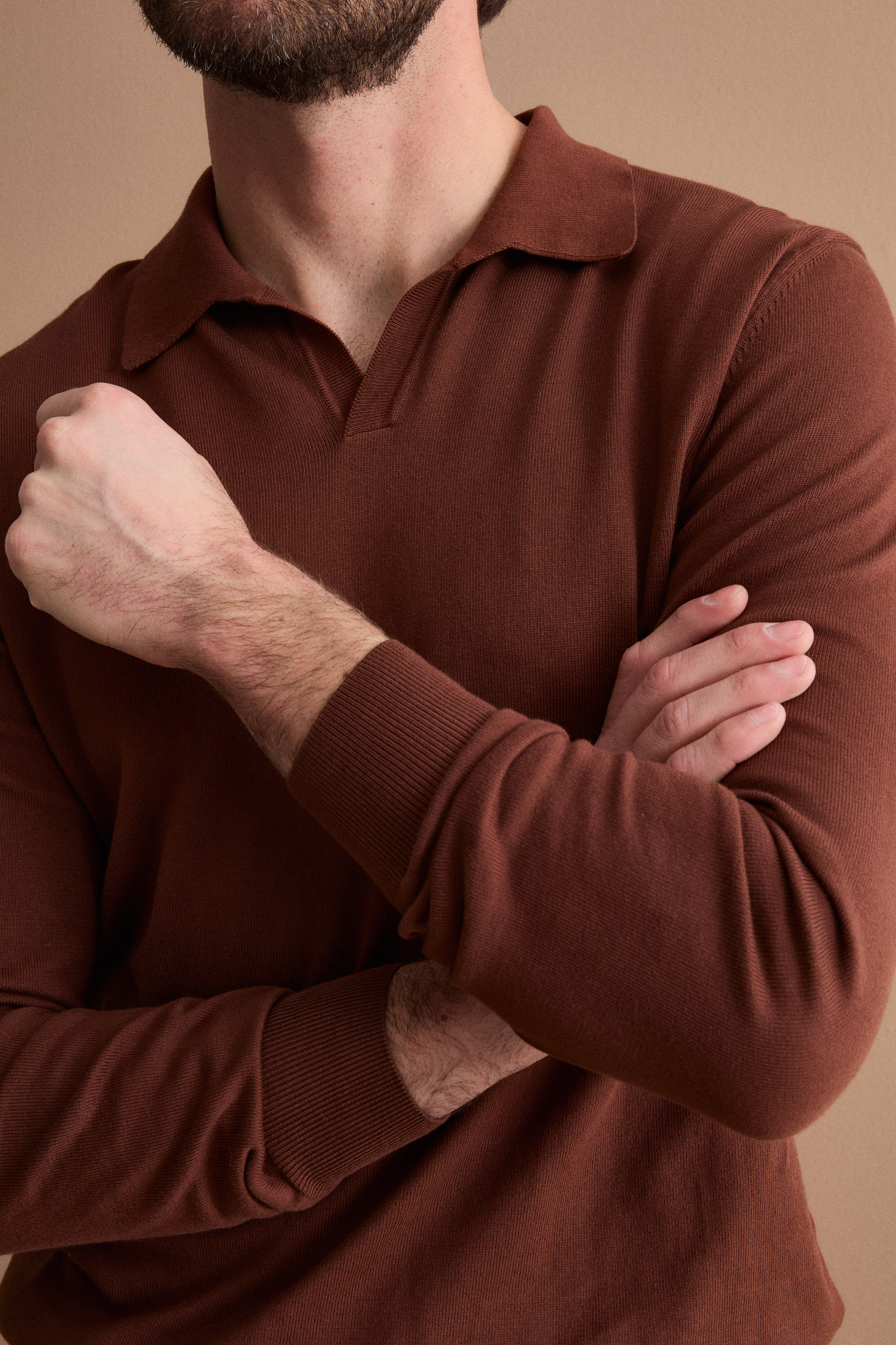 Polo Derby en Coton à Manches Longues - marron