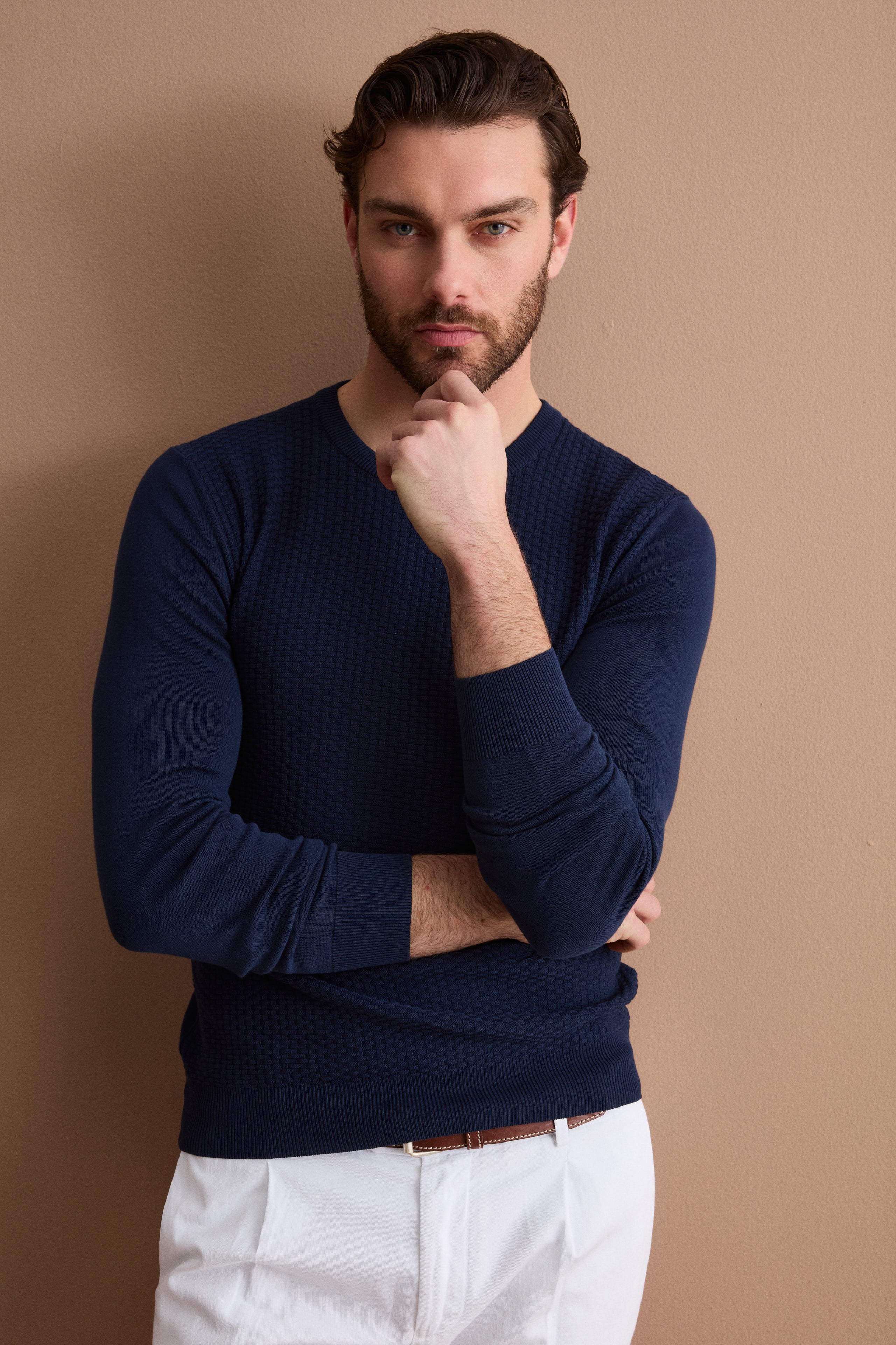 Pull Col Rond en Coton Crêpe - BLEU