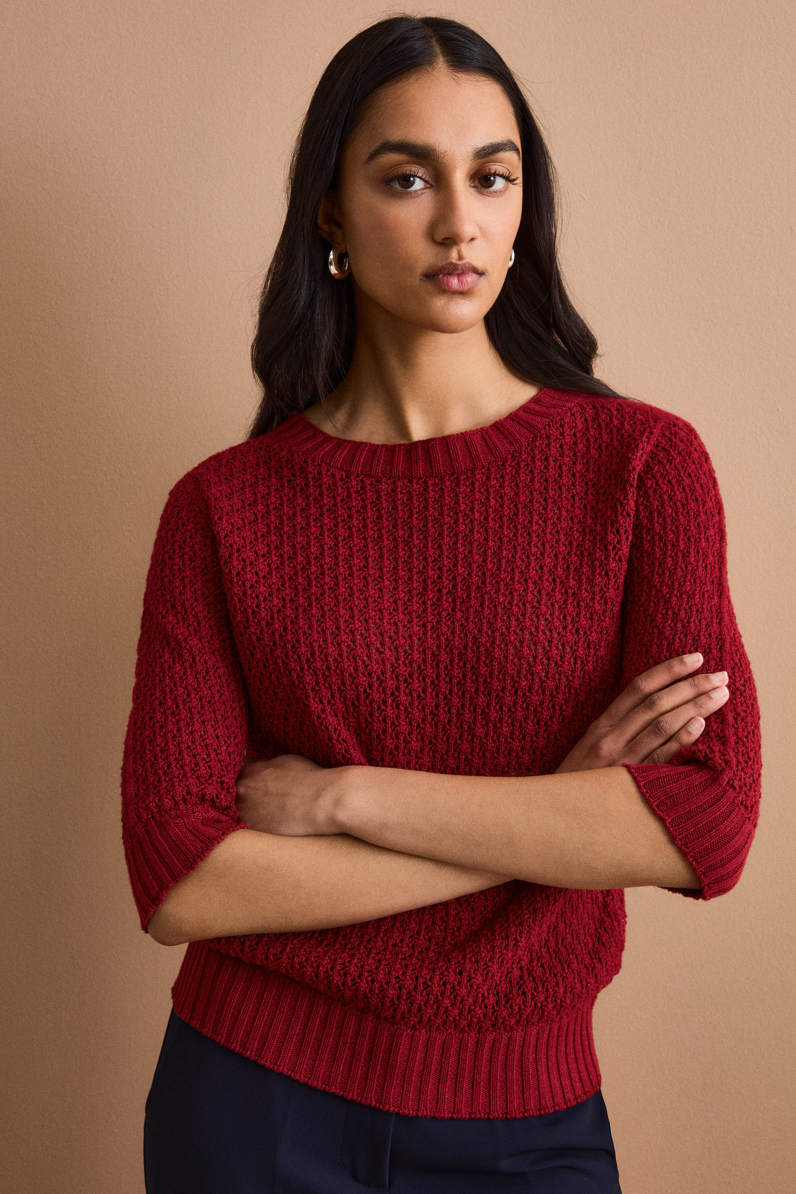 Maglia Traforata in Cotone con Scollo Barchetta - BORDEAUX CHIARO