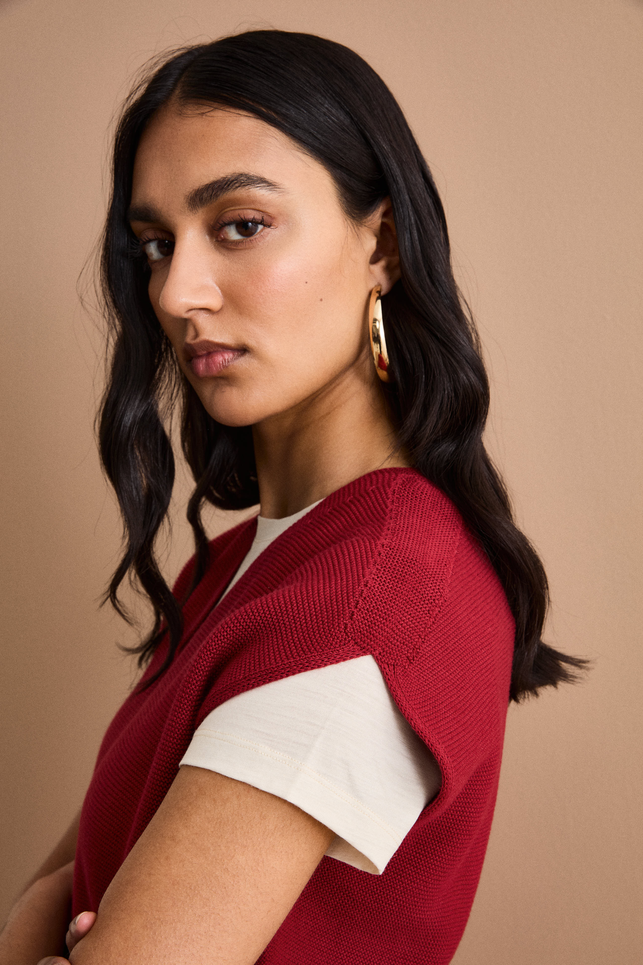 Gilet Links con Scollo a V in Cotone - BORDEAUX CHIARO