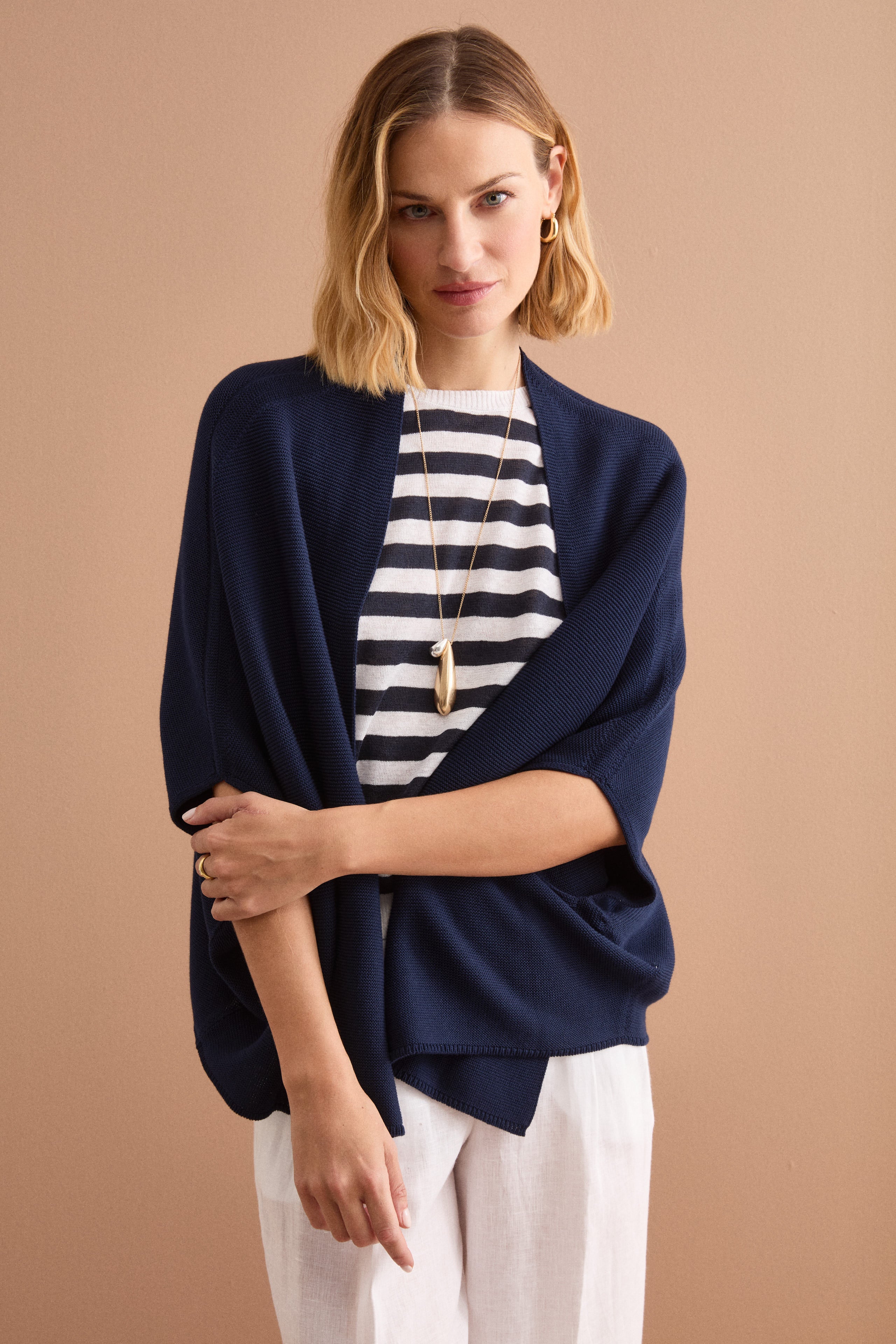 Langer Cardigan aus Baumwolle mit Kimonoärmeln - Marineblau