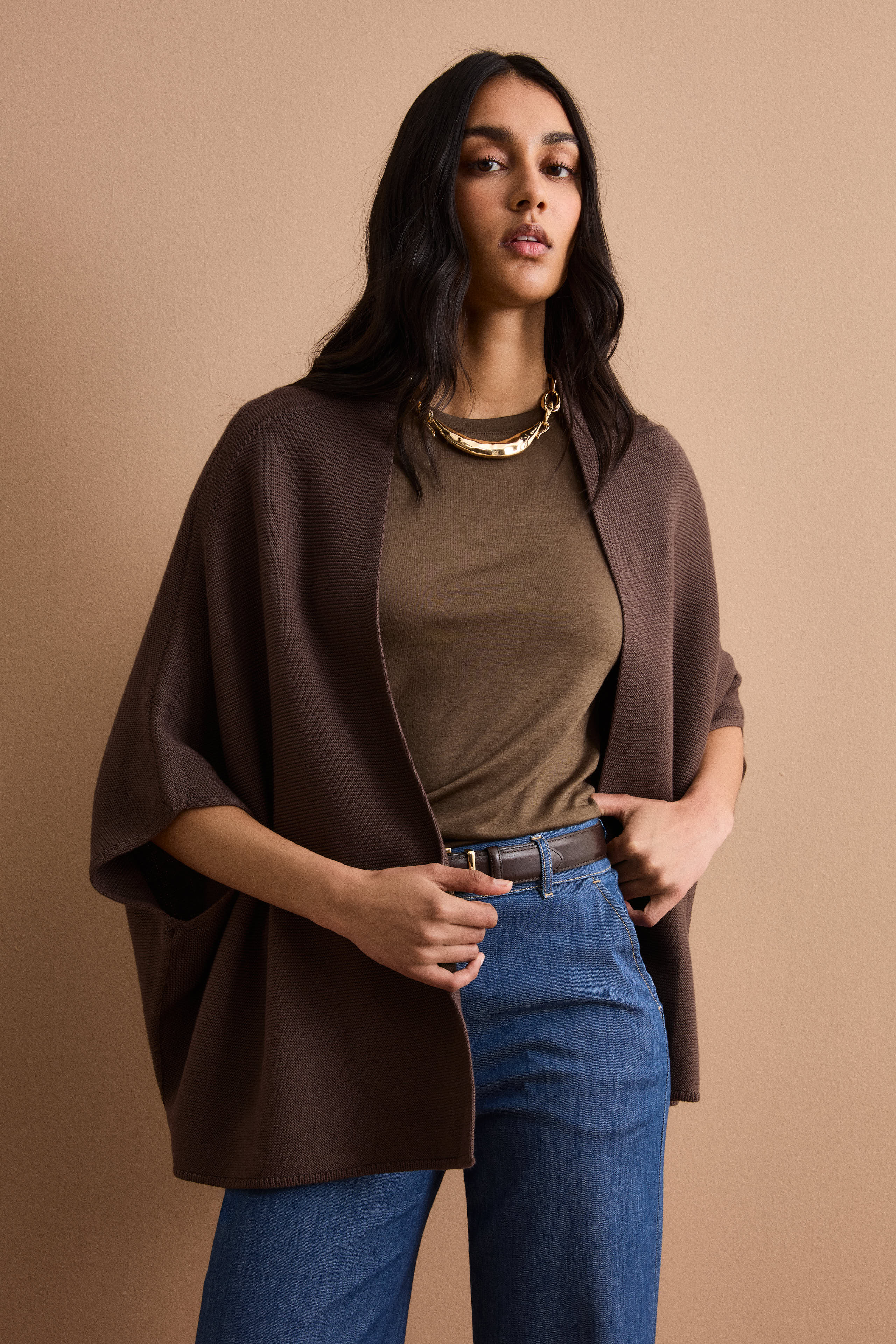 Langer Cardigan aus Baumwolle mit Kimonoärmeln - Warmes Braun