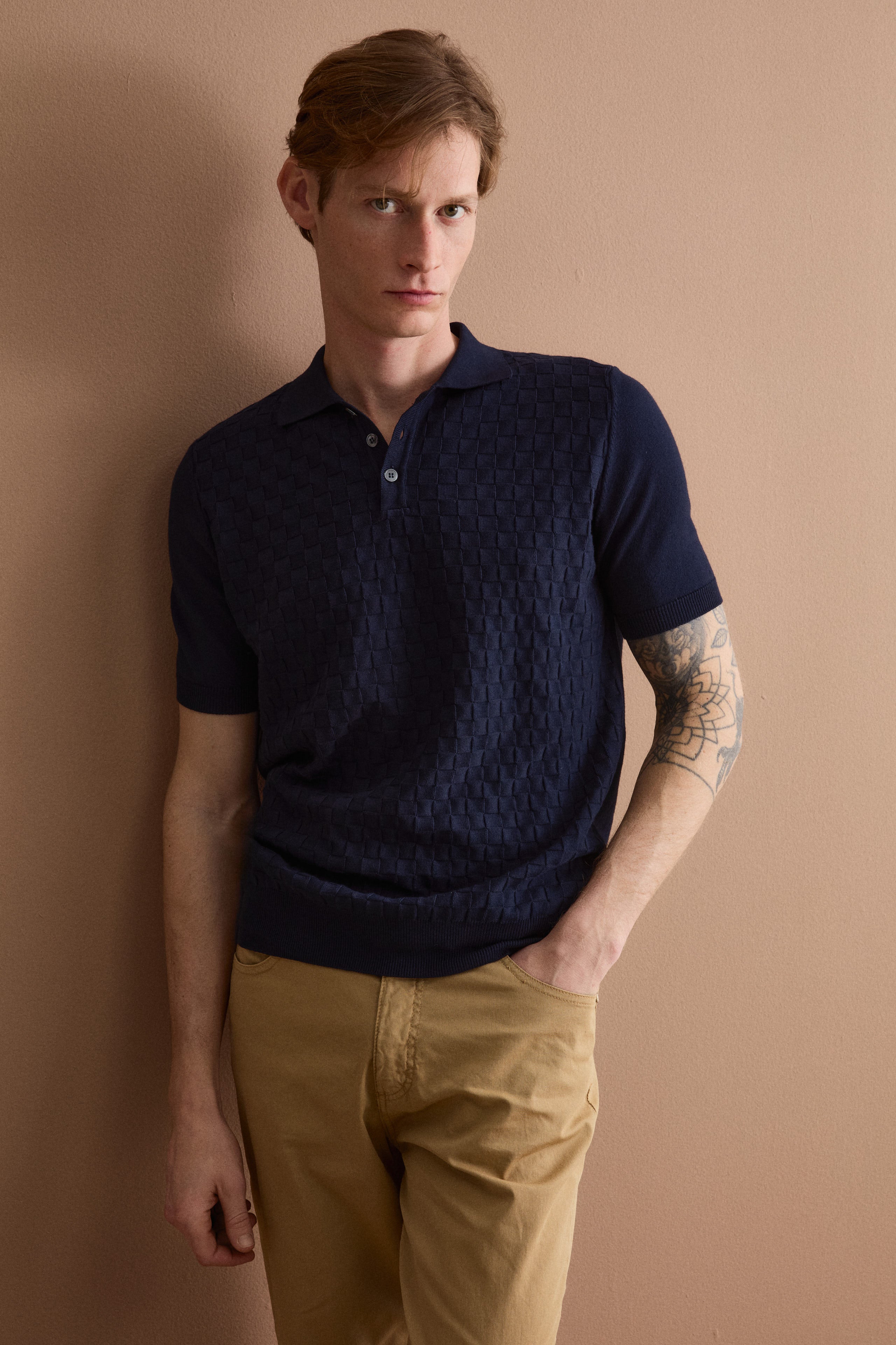 Polo en Coton à Motif Damier à Manches Courtes - BLEU