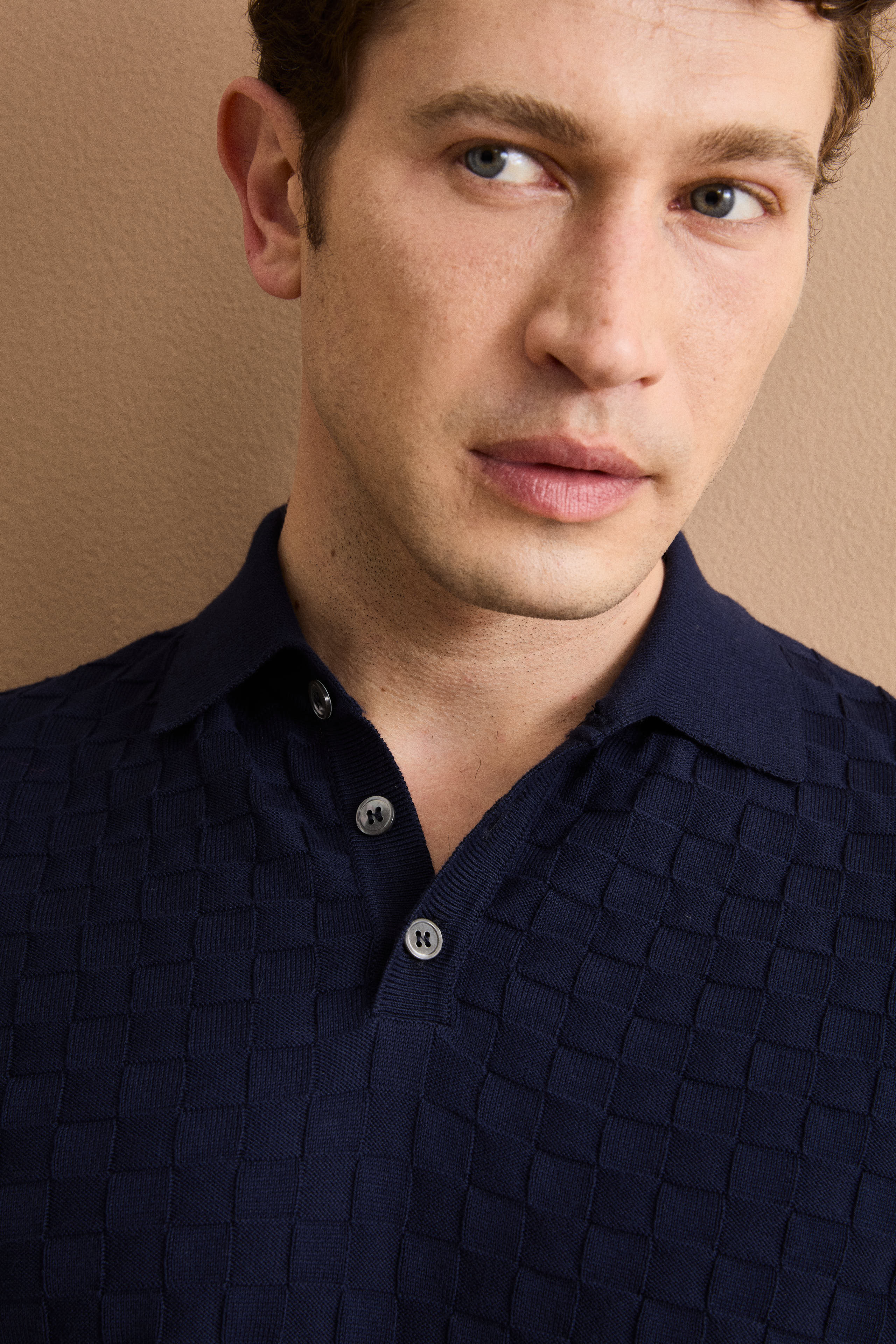 Kurzarm-Poloshirt aus Baumwolle mit Damaststruktur - BLAU