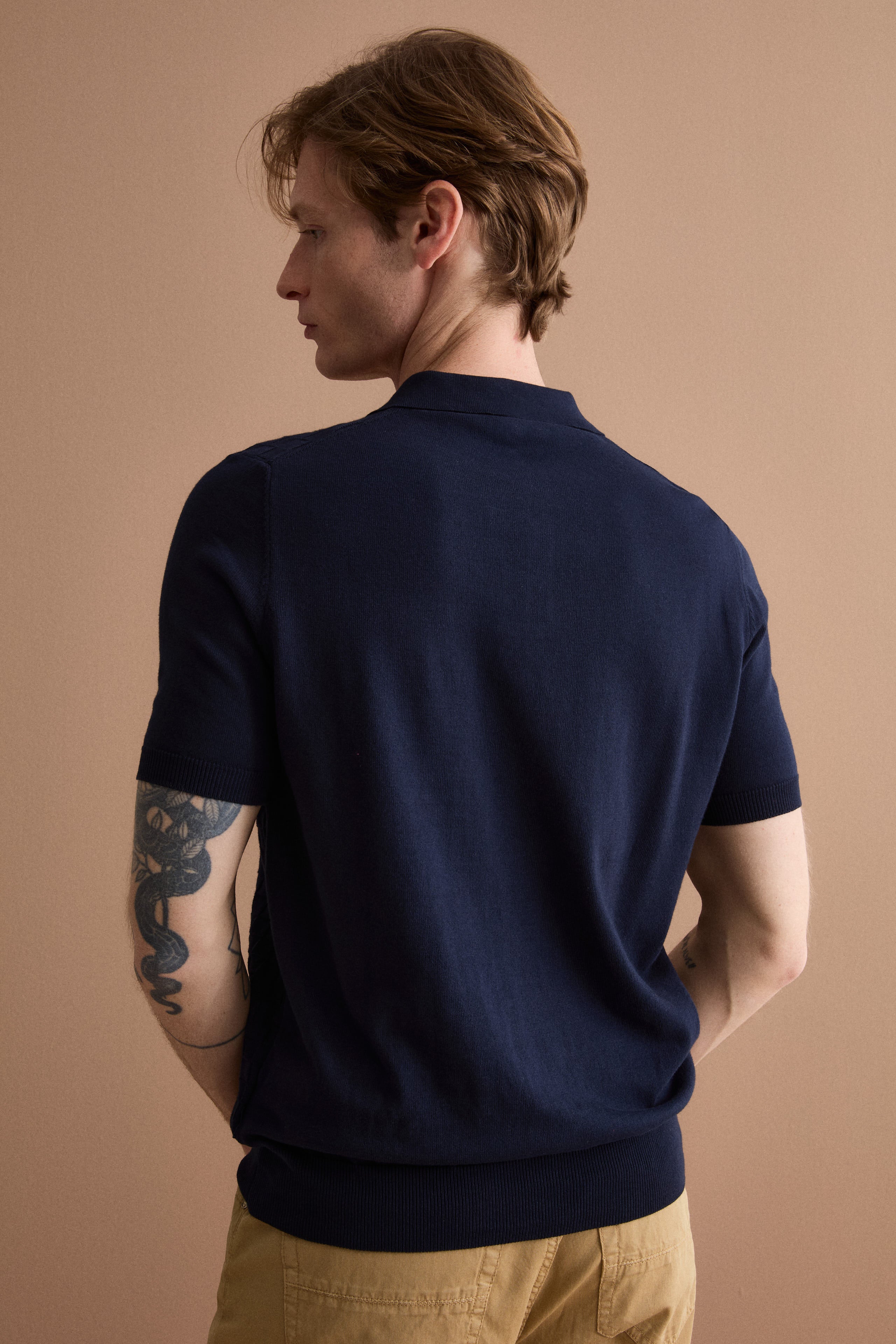 Polo en Coton à Motif Damier à Manches Courtes - BLEU