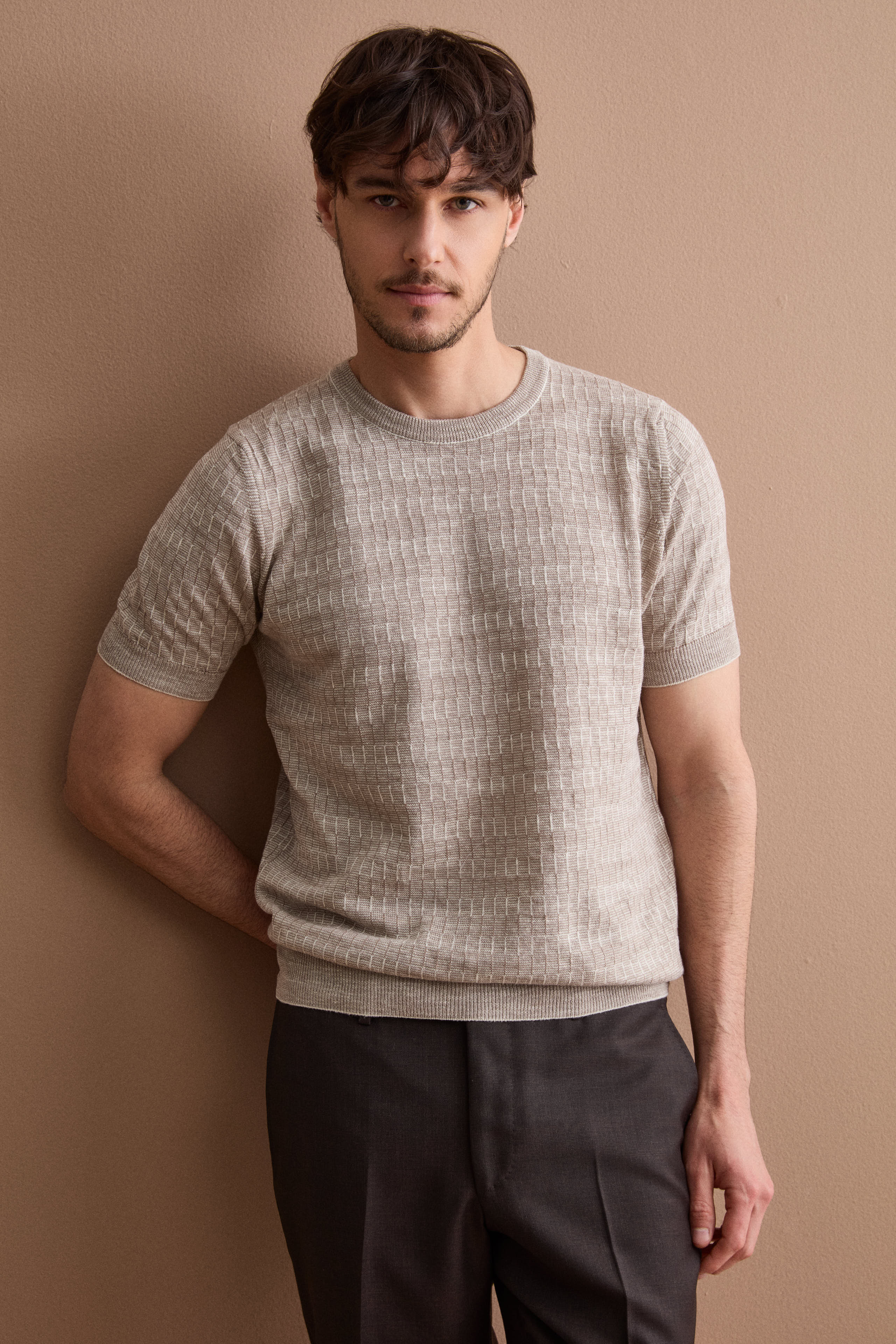 T-Shirt aus strukturierter Baumwoll-Leinen-Mischung - Beige-Creme