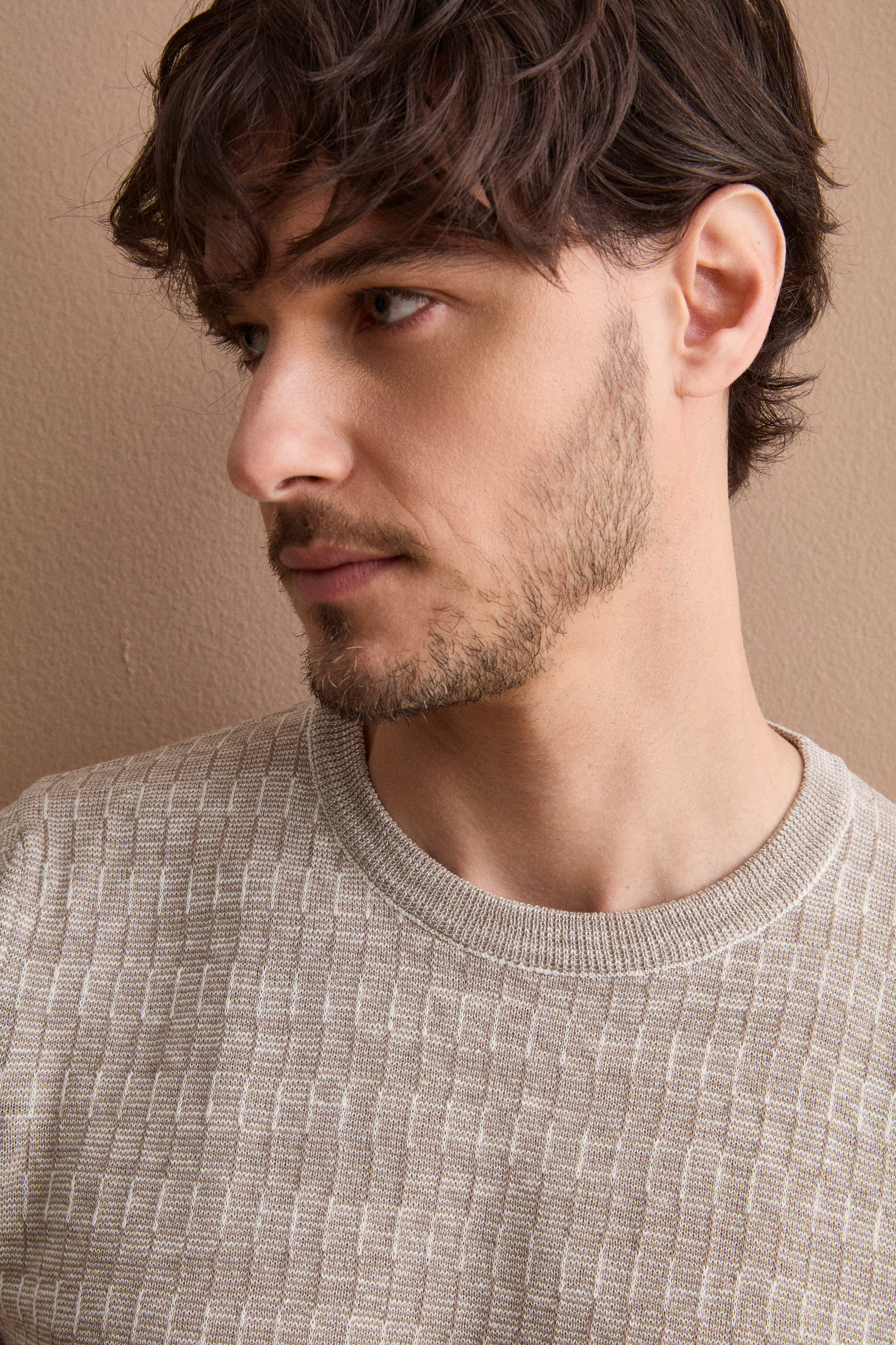 T-Shirt aus strukturierter Baumwoll-Leinen-Mischung - Beige-Creme