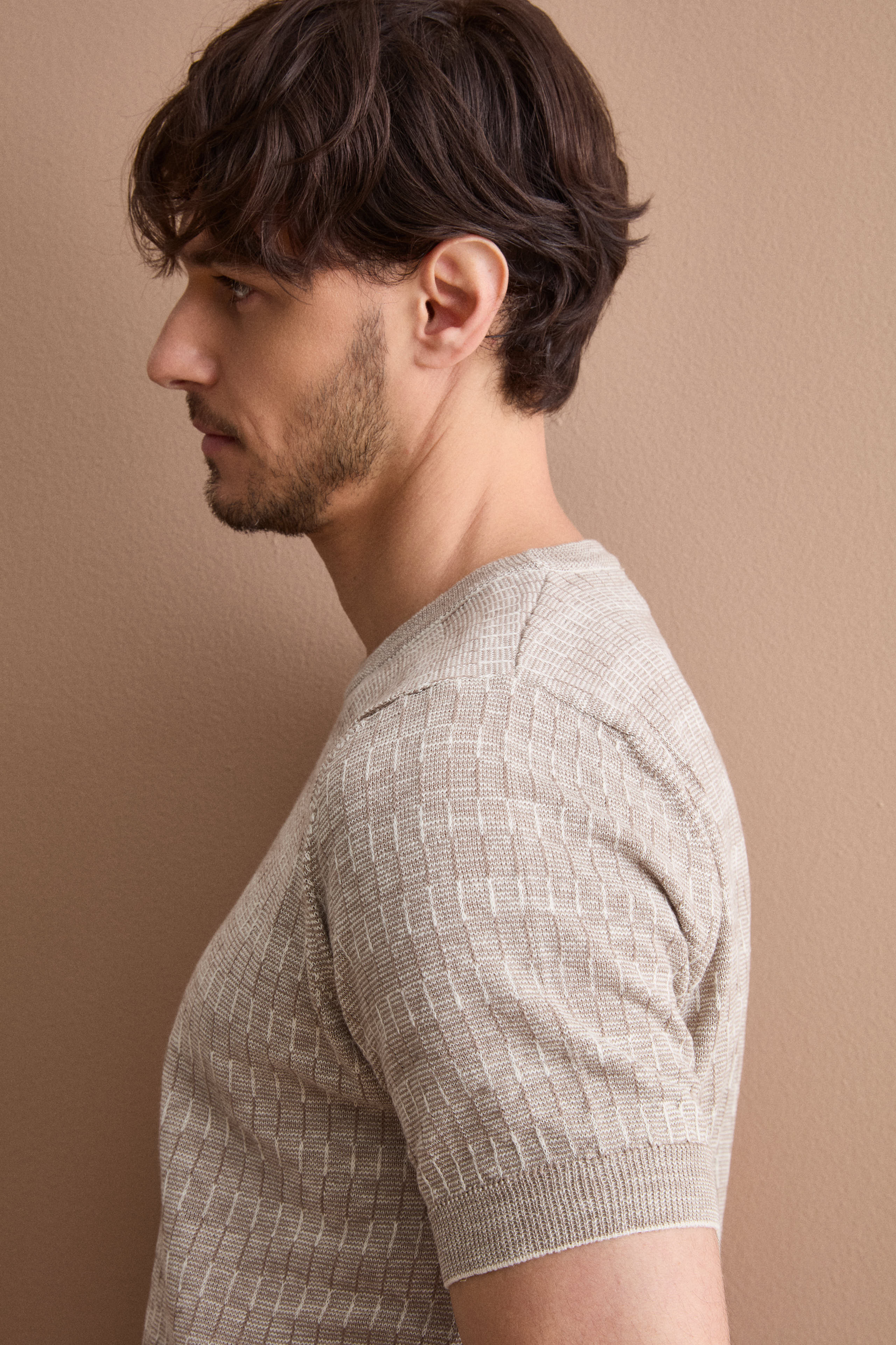 T-Shirt aus strukturierter Baumwoll-Leinen-Mischung - Beige-Creme