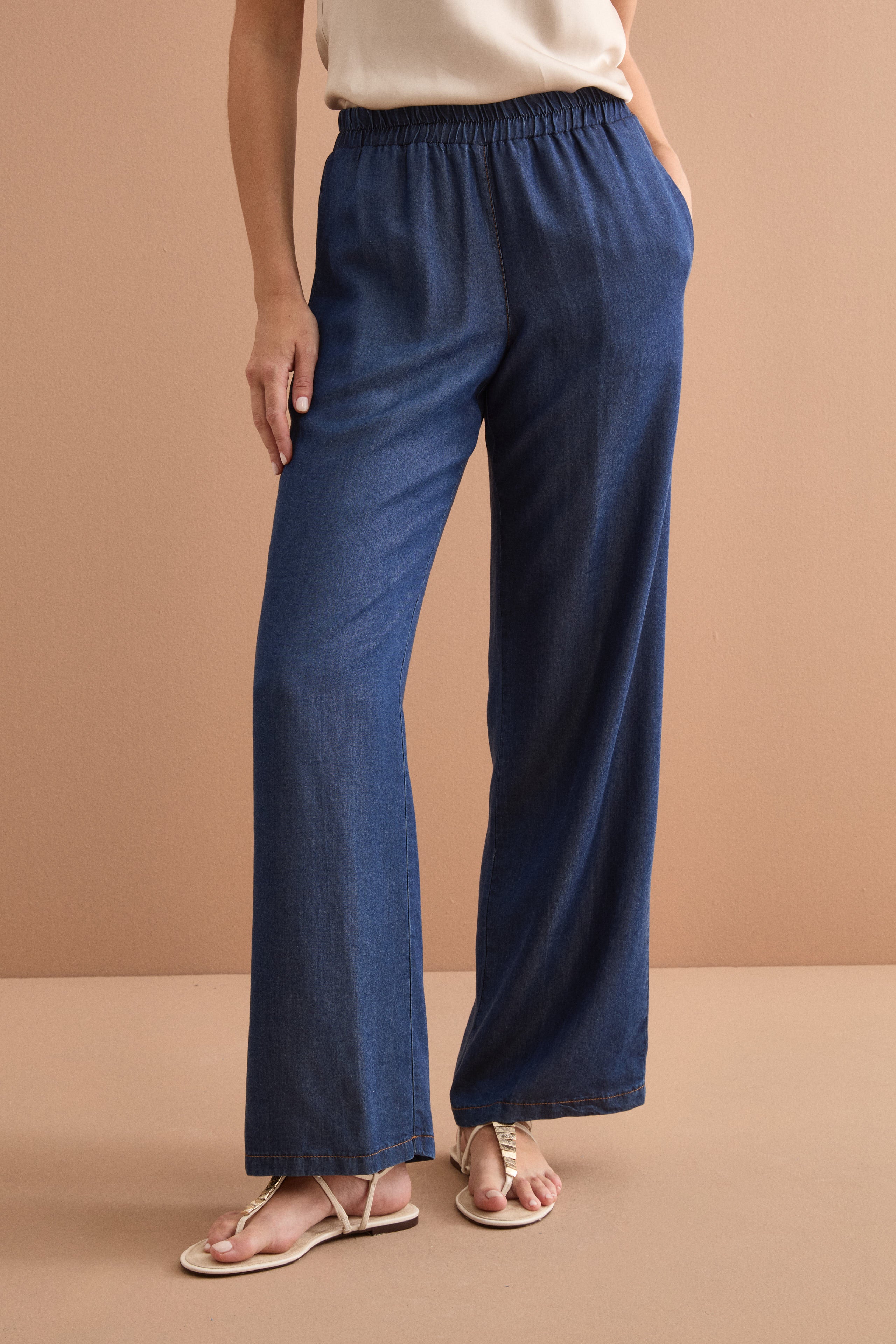 Pantalone in Denim Fluido con Gamba Larga - DENIM