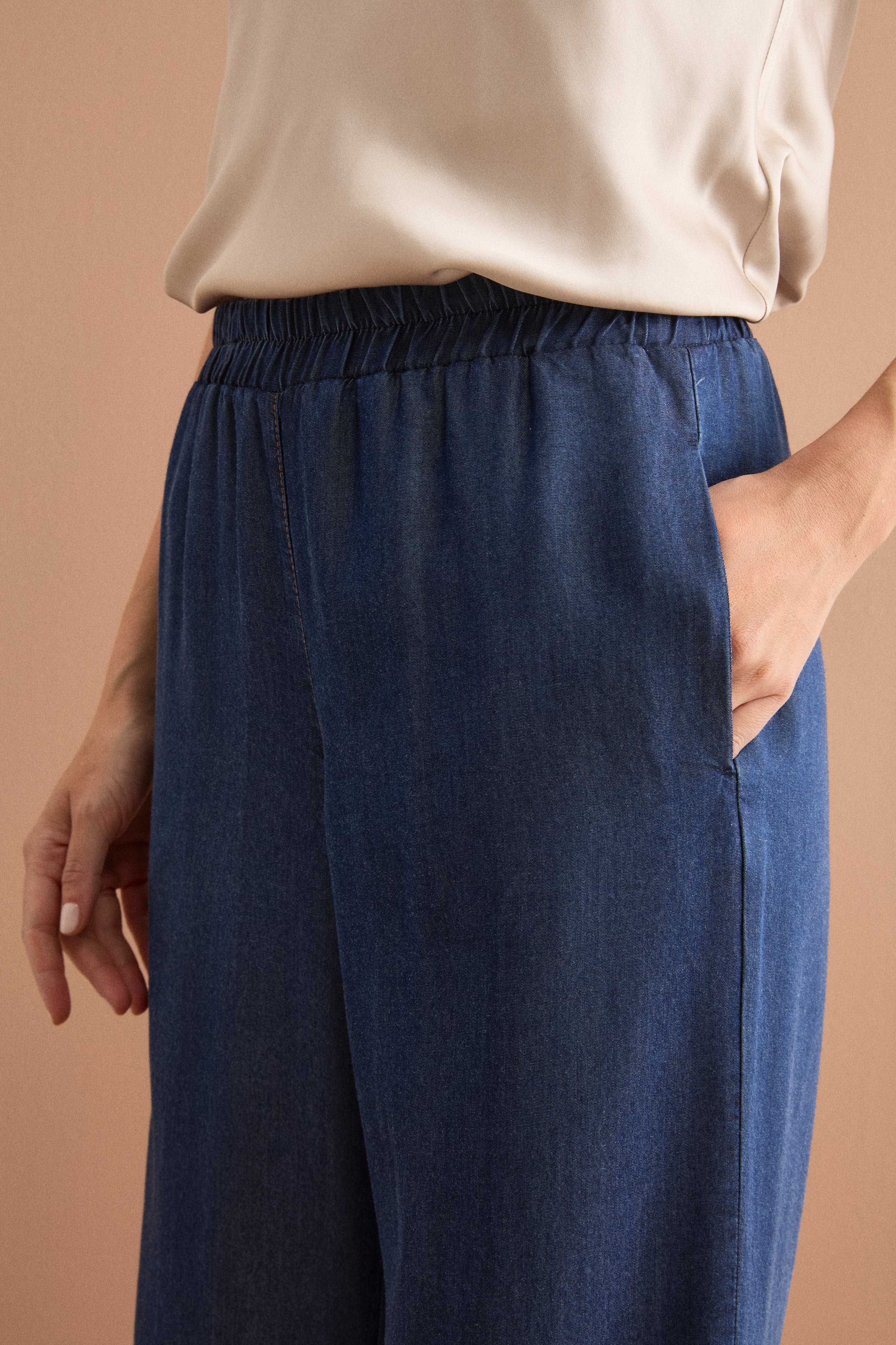 Pantalone in Denim Fluido con Gamba Larga - DENIM