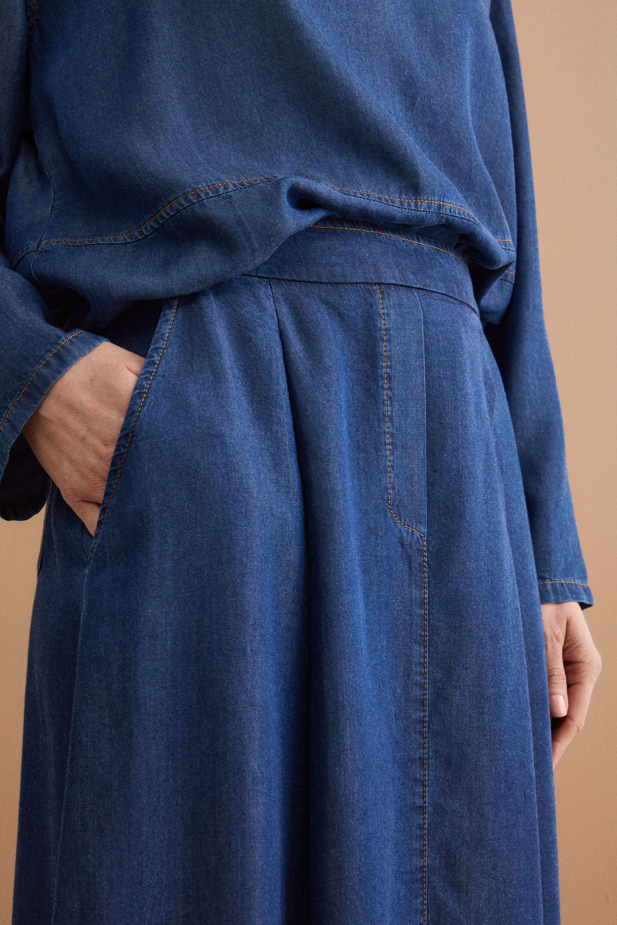 Long Denim Skirt with Pockets - DENIM